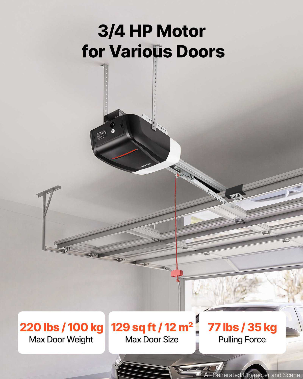 Garage Door Opener 3/4 HP Heavy Duty Chain Drive WiFi Smart Opener, for Residential Garage, Includes Durable Rail, 3 Remotes, Smartphone App Control, Obstacle Sensor & LED Light, Black & White