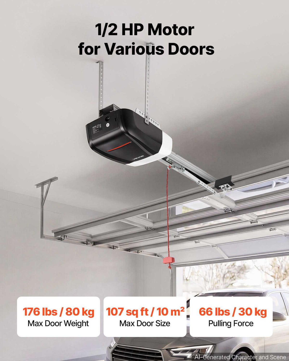 Garage Door Opener 1/2 HP Heavy Duty Chain Drive WiFi Smart Opener, for Residential Garage, Includes Durable Rail, 3 Remotes, Smartphone App Control, Obstacle Sensor & LED Light, Black & White