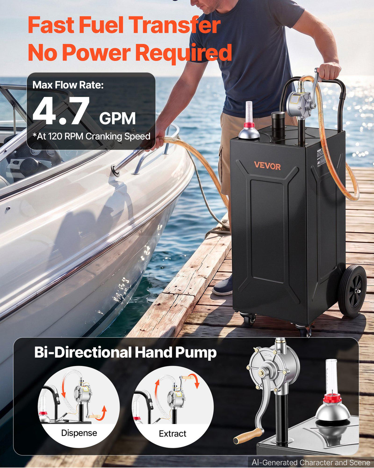 35 Gallon Fuel Gas Caddy, Carbon Steel, Portable Fuel Transfer Storage Tank with Manual Pump & 4 Wheels, Gasoline Diesel Can Container, for Cars, Lawn Mowers, ATVs, Boats, Motorcycles, Black