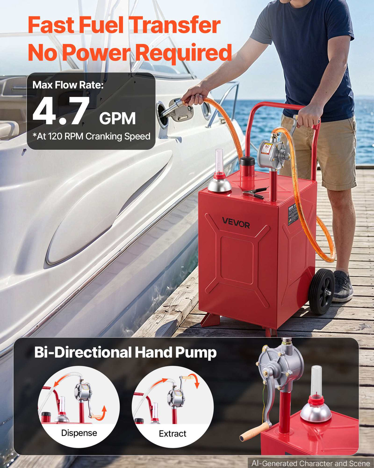 20 Gallon Fuel Gas Caddy, Carbon Steel, Portable Fuel Transfer Storage Tank with Manual Pump & Rolling Wheels, Gasoline Diesel Can Container, for Cars, Lawn Mowers, ATVs, Boats, Motorcycles, Red