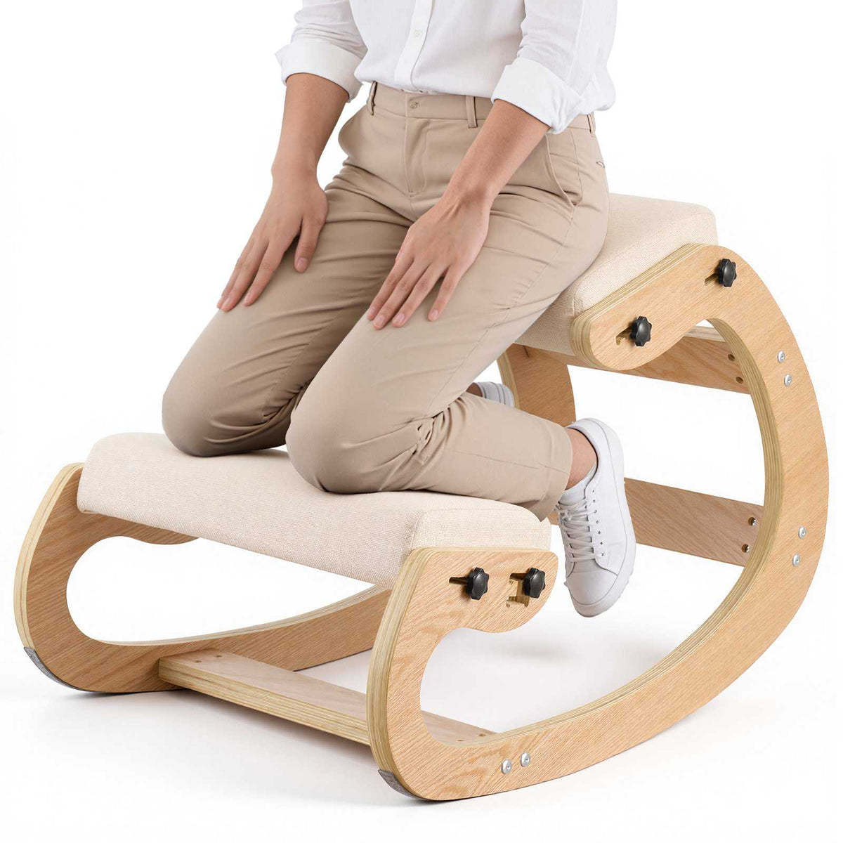Ergonomic Kneeling Chair, Wooden Posture Knee Chair with Adjustable Thick Foam Cushions & Solid Wood Frame, Adjustable Height, Relief for Neck or Back Pain for Home, Office or Meditation, Beige