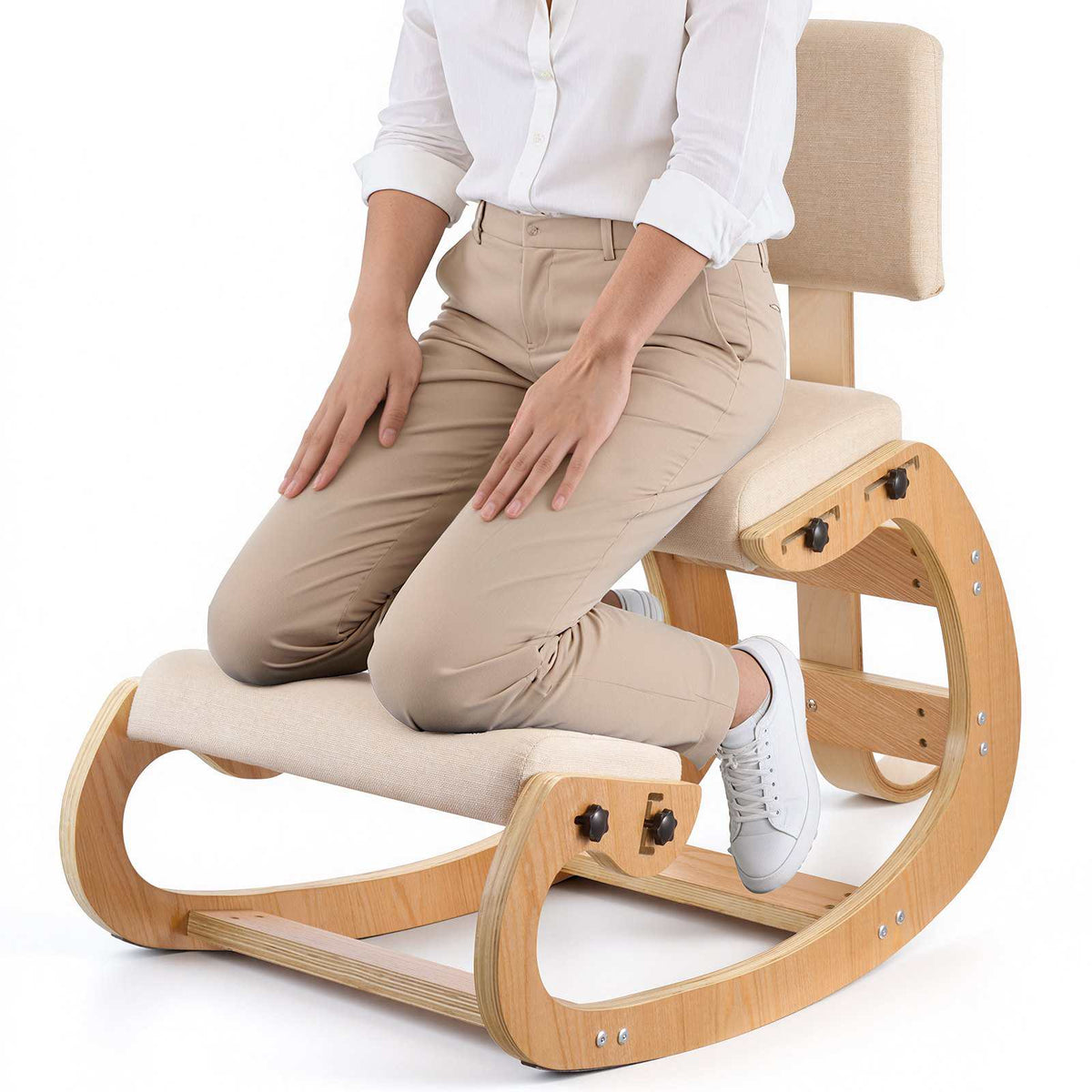 Ergonomic Kneeling Chair, Wooden Posture Knee Chair with Adjustable Thick Foam Cushions, Backrest and Wood Frame, Adjustable Height, Relief for Neck or Back Pain for Home, Office or Meditation