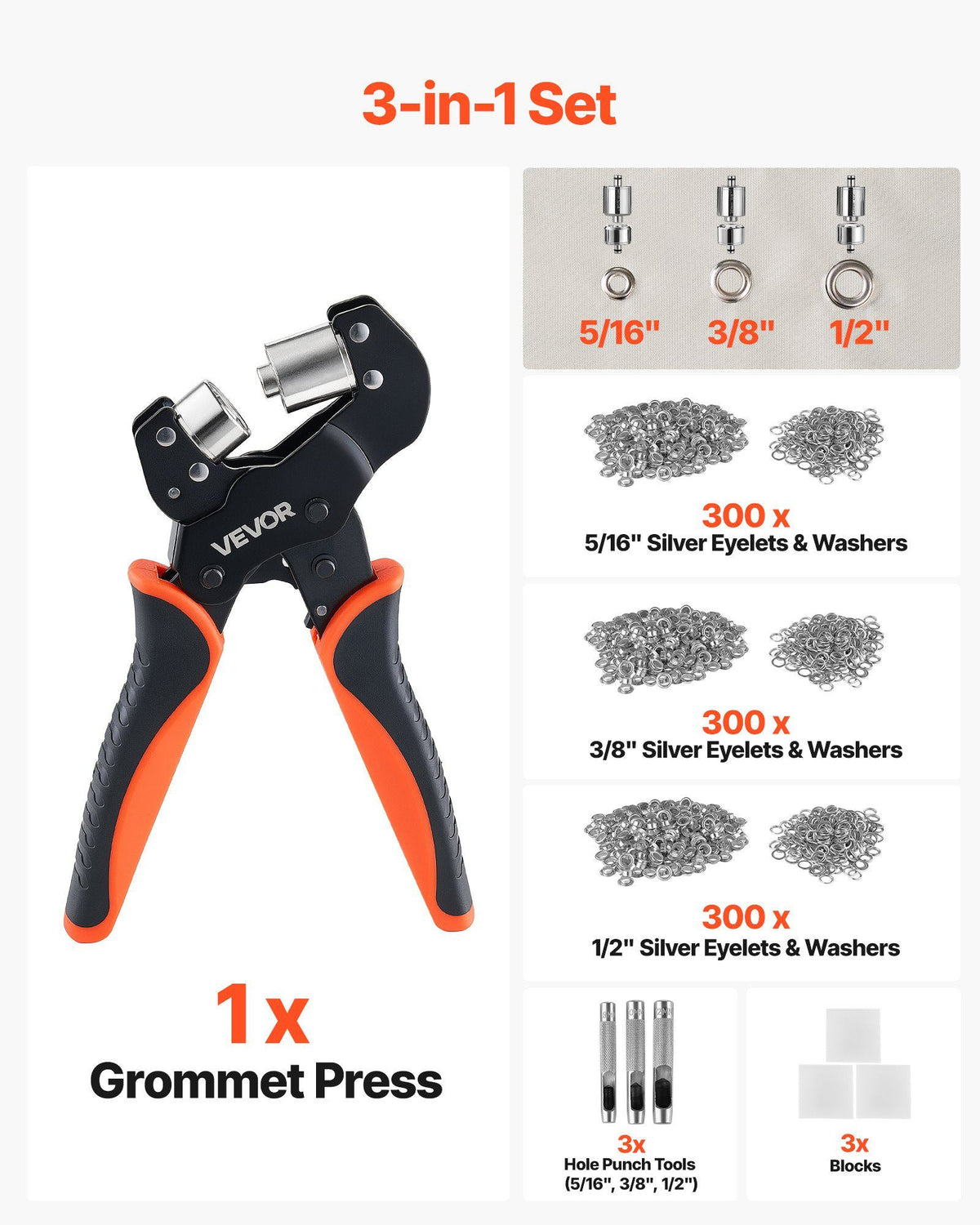 Grommet Tool Kit 5/16" 3/8" 1/2" 900 PCS Grommets Eyelet Tool Kit, with Eyelets and Washers, Manual Grommet Press Pliers, Hole Punch Tools, Blocks, for Leather, Tarps, Shoes, Crafts, Fabric