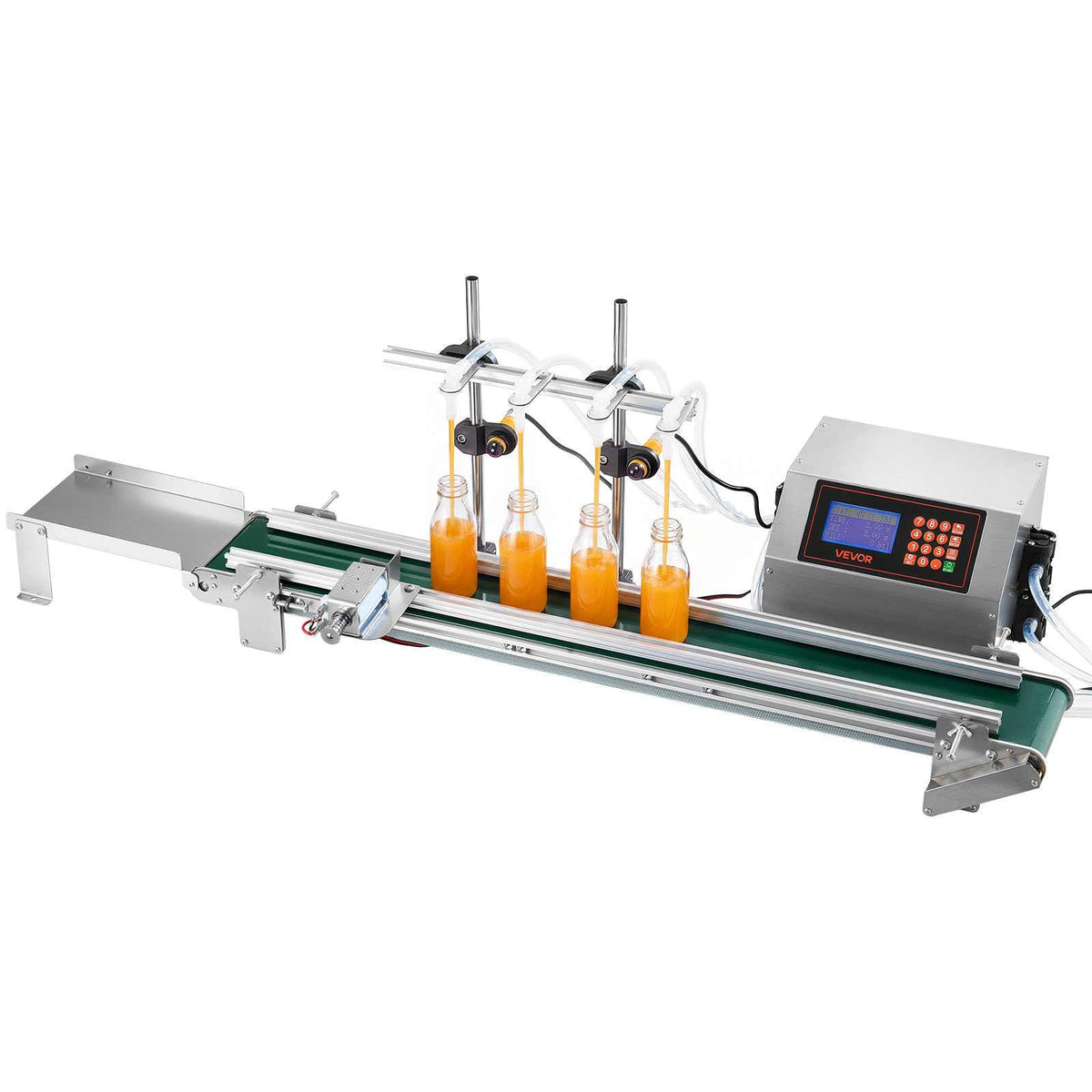 Automatic Liquid Filling Machine, 4 Nozzles with Conveyor Bottle Filler, for Water and Oil, 10-500 g Recommend, Premium Stainless Steel Body, Digital Weighing, Adjustable Stand, Easy to Operate