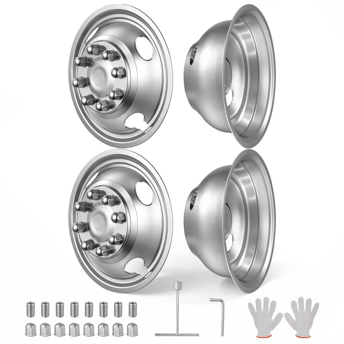 16-Inch Wheel Simulators 8 Lug Stainless Steel Front and Rear Wheel, Fit for 1992-2016 and 2018-2021 Ford E350/E450 Models, 4 Hand Holes, Mirror Polished Finish, Bolt On Hubcaps Covers, 4pcs