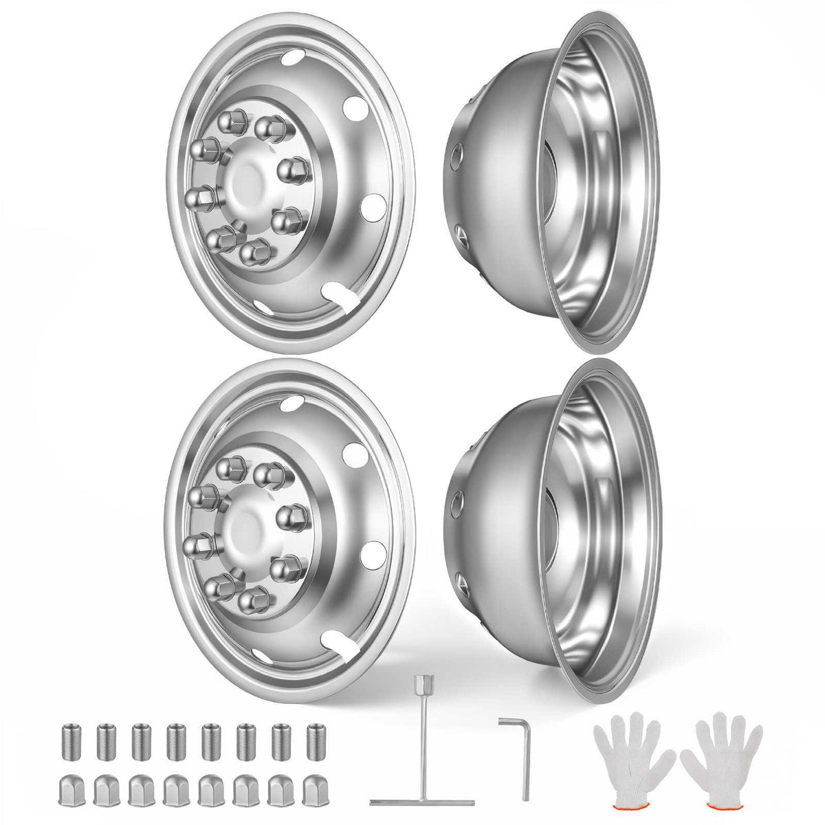 16-Inch Wheel Simulators 8 Lug Stainless Steel Front and Rear Wheel, Fit for 1974-1998 Ford F350, 1992-2021 Ford E350/E450, 1974-1999 Dodge Ram 3500, 4 Hand Holes, Polished Hubcaps Covers, 4pcs