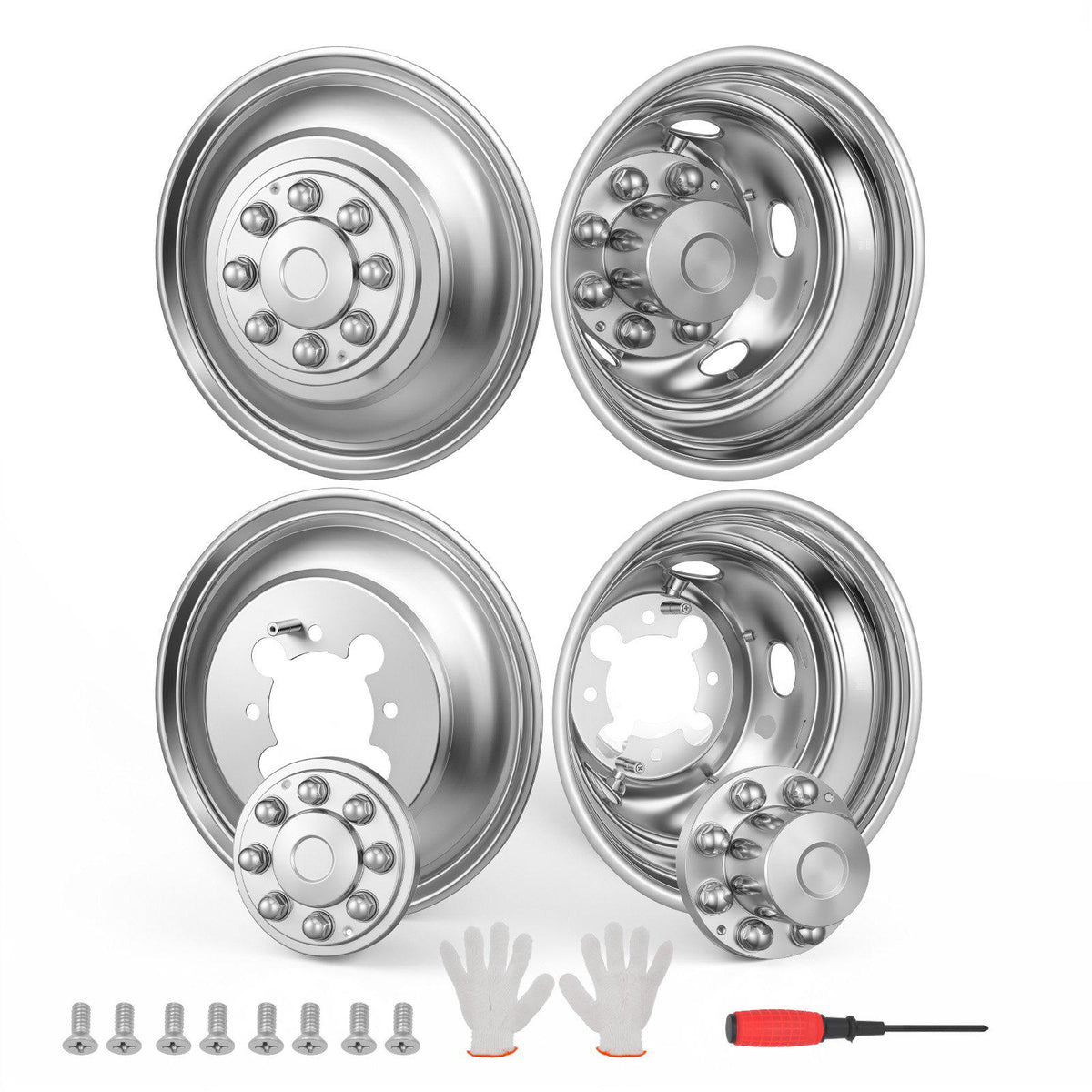 17-Inch Wheel Simulators 8 Lug Stainless Steel Front and Rear Wheel, Fit for 2003-2021 Dodge Ram 3500 Dually Truck Models, 5 Hand Holes, Mirror Polished Finish, Bolt On Hubcaps Covers, 4pcs