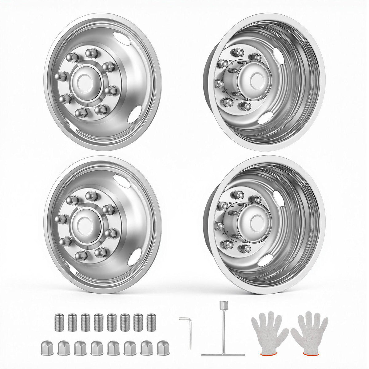 17-Inch Wheel Simulators 8 Lug Stainless Steel Front and Rear Wheel, Fit for 2005-2025 Ford F350 Truck Models, 5 Hand Holes, Polished Bolt On Hubcaps Covers, with Installation Tool Kit, 4pcs
