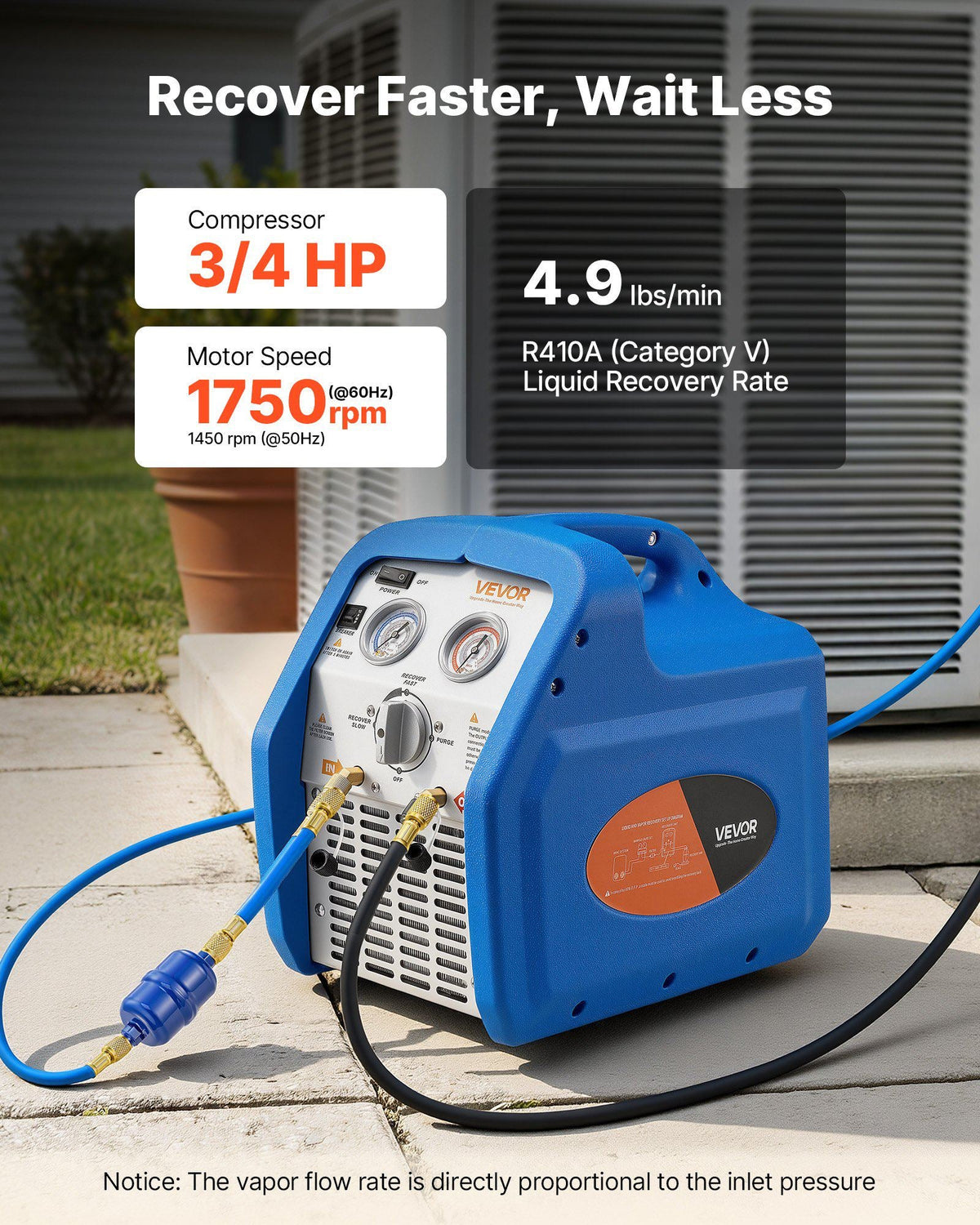 Portable Refrigerant Recovery Machine, 3/4 HP 120V 60Hz Single Cylinder AC Recovery Machine for Liquid Vapor Refrigerant, 1750 RPM Recycling Unit HVAC for Automotive & Household Air Conditioning