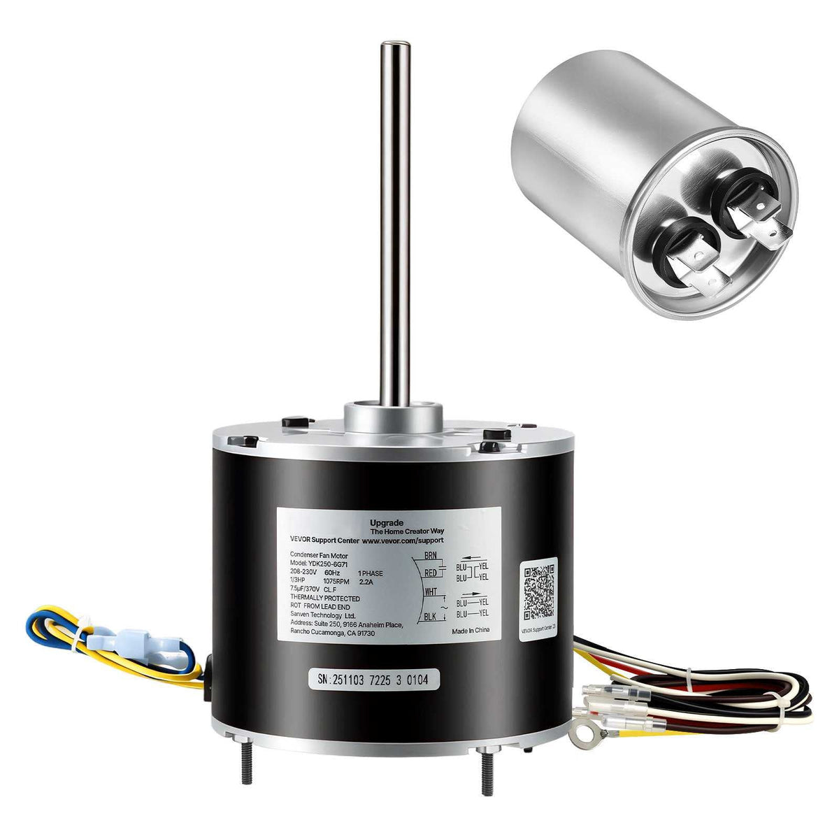 Condenser Fan Motor with Capacitor, 1/3HP 1075RPM 208-230V, Compatible with GE Genteq K55HXGDD-81195 5KCP39GGY209AS, Fasco D925 D7908, Dayton EM3729F, Century FSE1036SV1, Rheem Ruud 51-100998-05