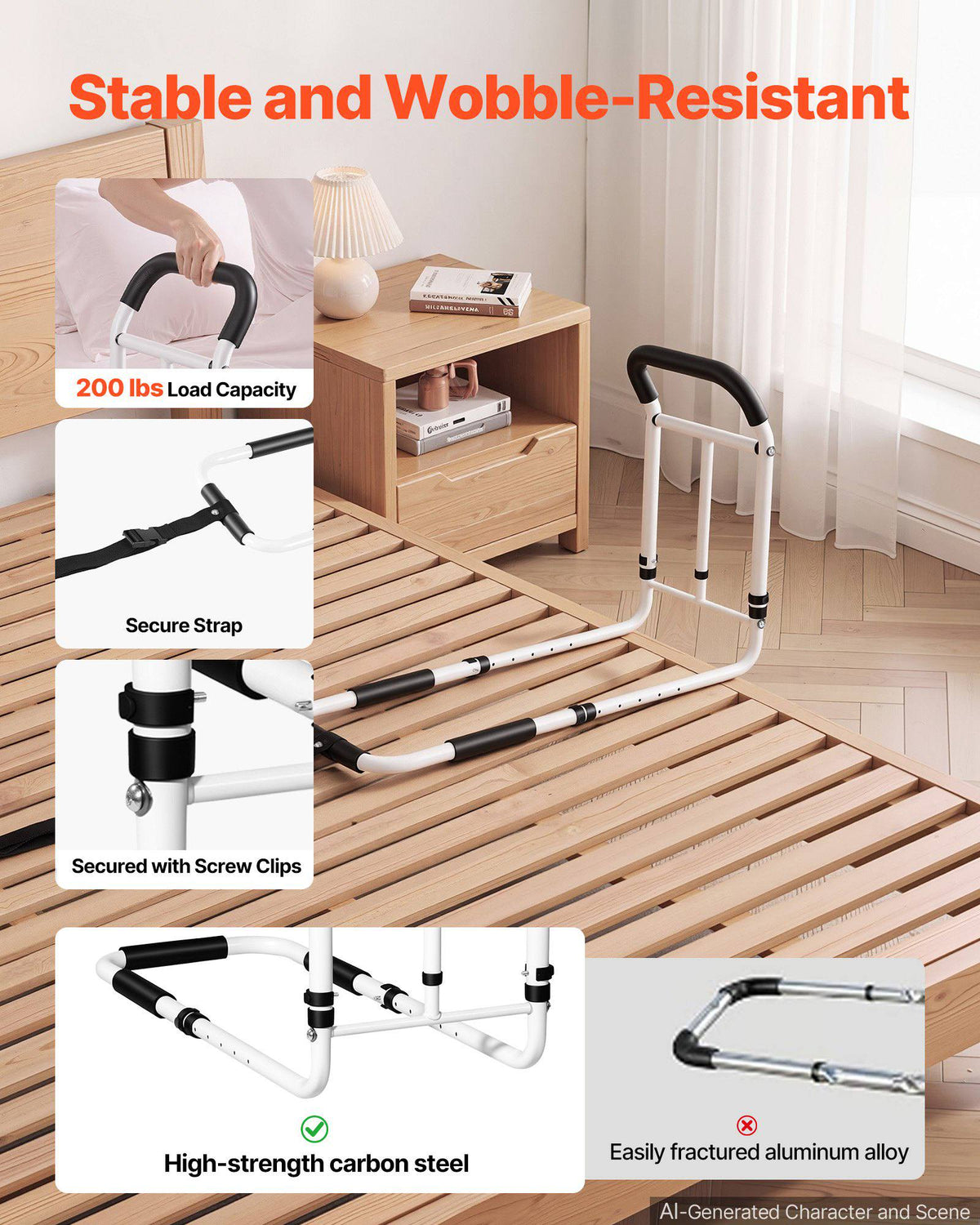 Bed Rail for Elderly Adults 200LBS Loading Bed Side Assist Rail, High-Strength Steel Bedside Cane for Seniors, with Adjustable Height & Base Length, Non-Slip Handle, Fit King Queen Full Twin Bed