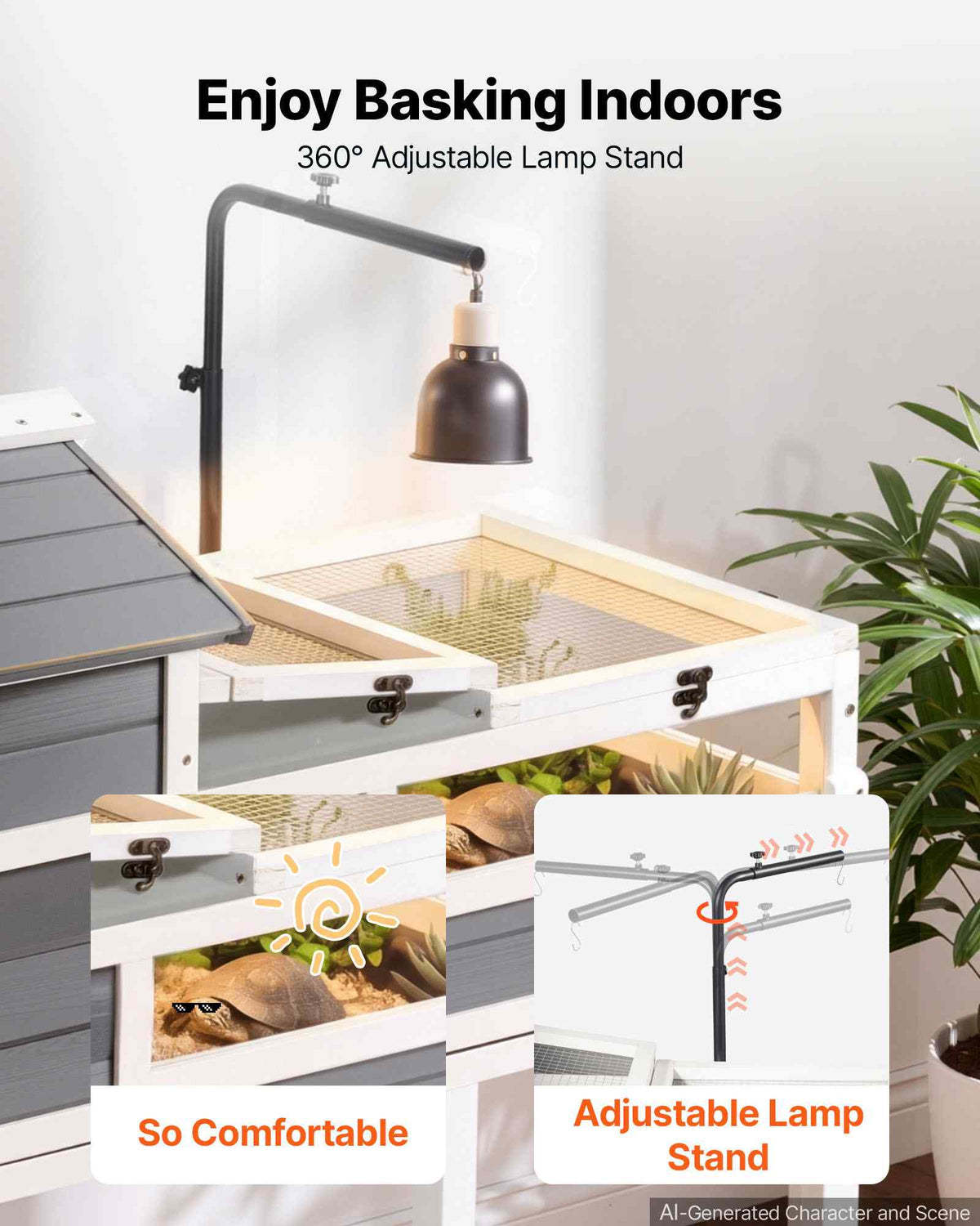 Tortoise Habitat 4-Room Wooden Tortoise House Adjustable Lamp Stand, for Small Animals Indoor Outdoor, 2 Stories & Ramp, Large Turtle Enclosure Reptile Cage with Storage Shelf, Openable Roof