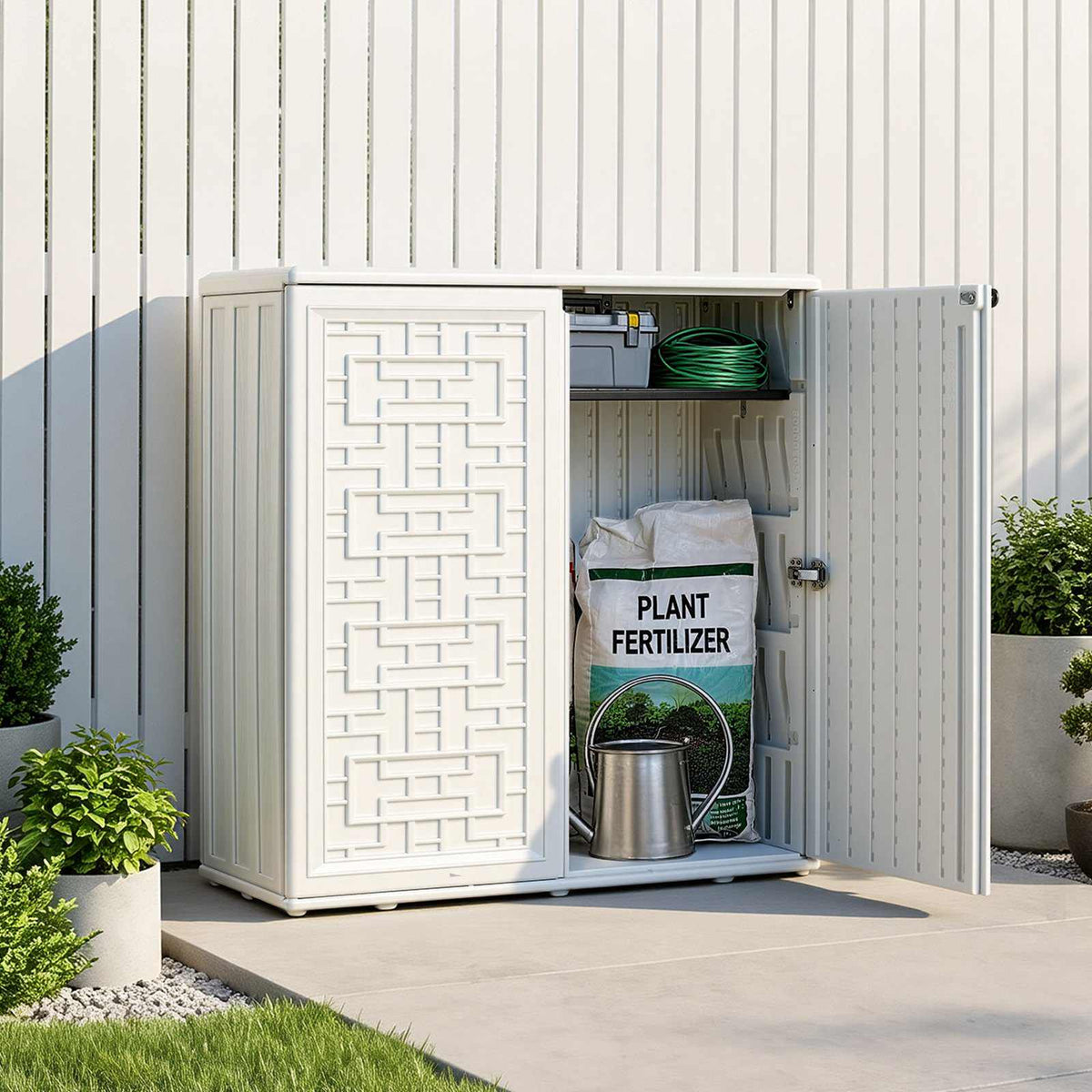 Outdoor Storage Shed 8 Cu Ft Waterproof Resin Storage Cabinet White, for Garage, Backyard Patio Accessories & Garden Tools, Outside Lawn Mower Shed with Adjustable Shelf, Lockable Doors & Floor