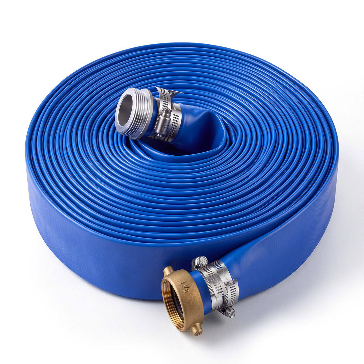 Discharge Hose 1-1/2" x 100 ft PVC Lay Flat Backwash Water Pump Hose, for Swimming Pool Sand Filter & Sump Pump, Water Transfer Drainage, Weather & Burst-Resistant, with Pin Lug Fittings, Blue
