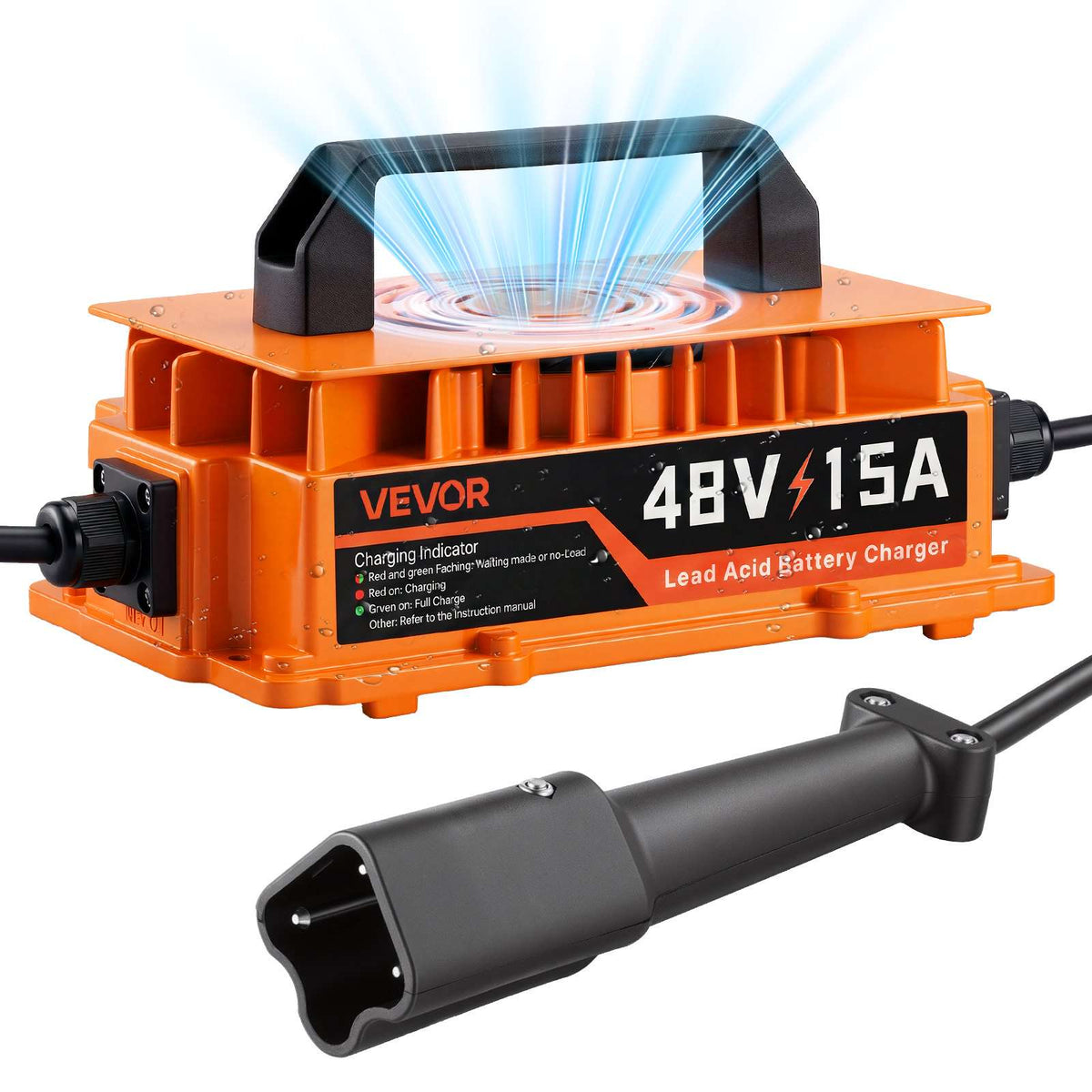 Golf Cart Battery Charger 48V 15A Yamaha G29 Drive 3-Pin Leaf Plug, Only for Lead Acid Battery, Aluminum Alloy Shell, Trickle Charging, LED Indicator Light, with Cooling Fan, IP67 Waterproof