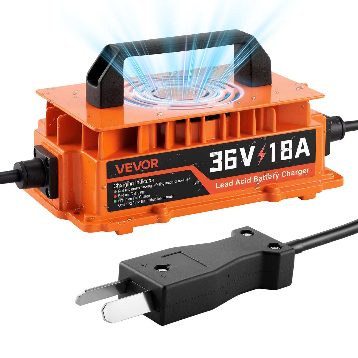 Golf Cart Battery Charger 36V 18A Smart Charger with Crowfoot Plug, Only for Lead Acid Battery, Aluminum Alloy Shell, Trickle Charging, LED Indicator Light, with Cooling Fan, IP67 Waterproof