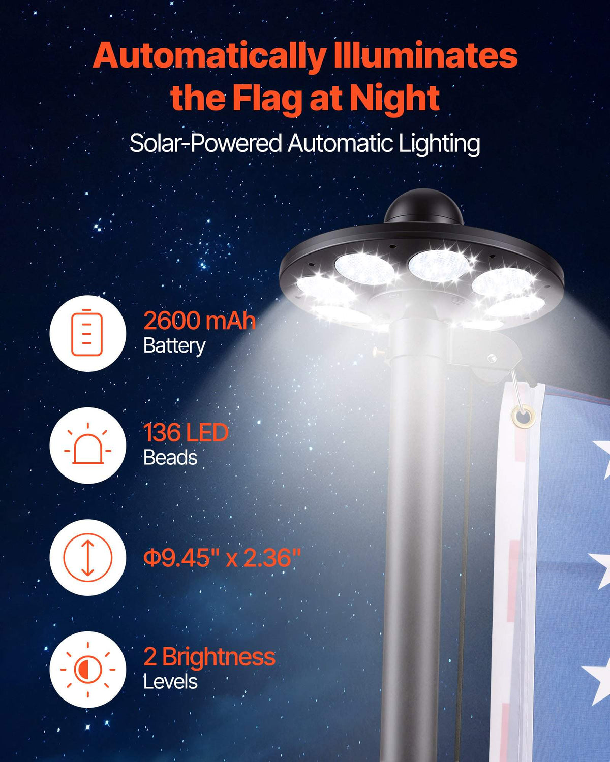 Flag Pole, 20ft Heavy Duty Sectional Flagpole Kit with 136 LED Solar Light for Outside House In Ground, Outdoor Aluminum Flagpole with 3x5 American Flag for Yard, Residential, Commercial, Black