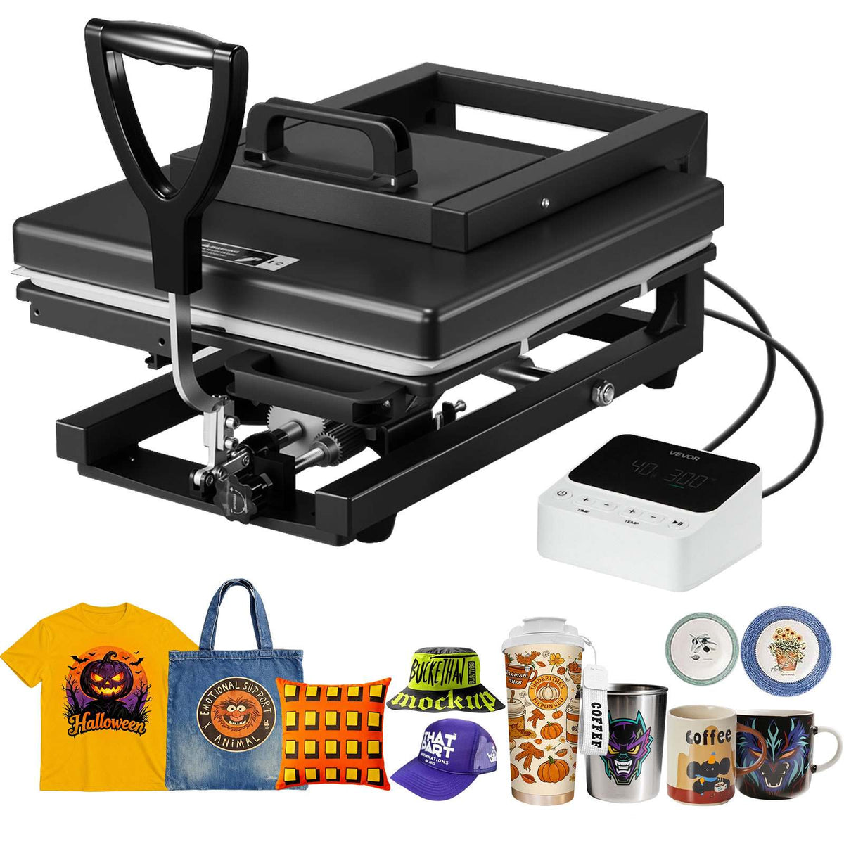 Hybrid Heat Press 15 x 15 Inch 8-in-1 Sublimation Press Machine Black, for T-shirts/Mugs/Tumblers/Caps/Plates, Multifunction Design, Heat Up Fast and Even, All-New Patented Design, Easy to Control