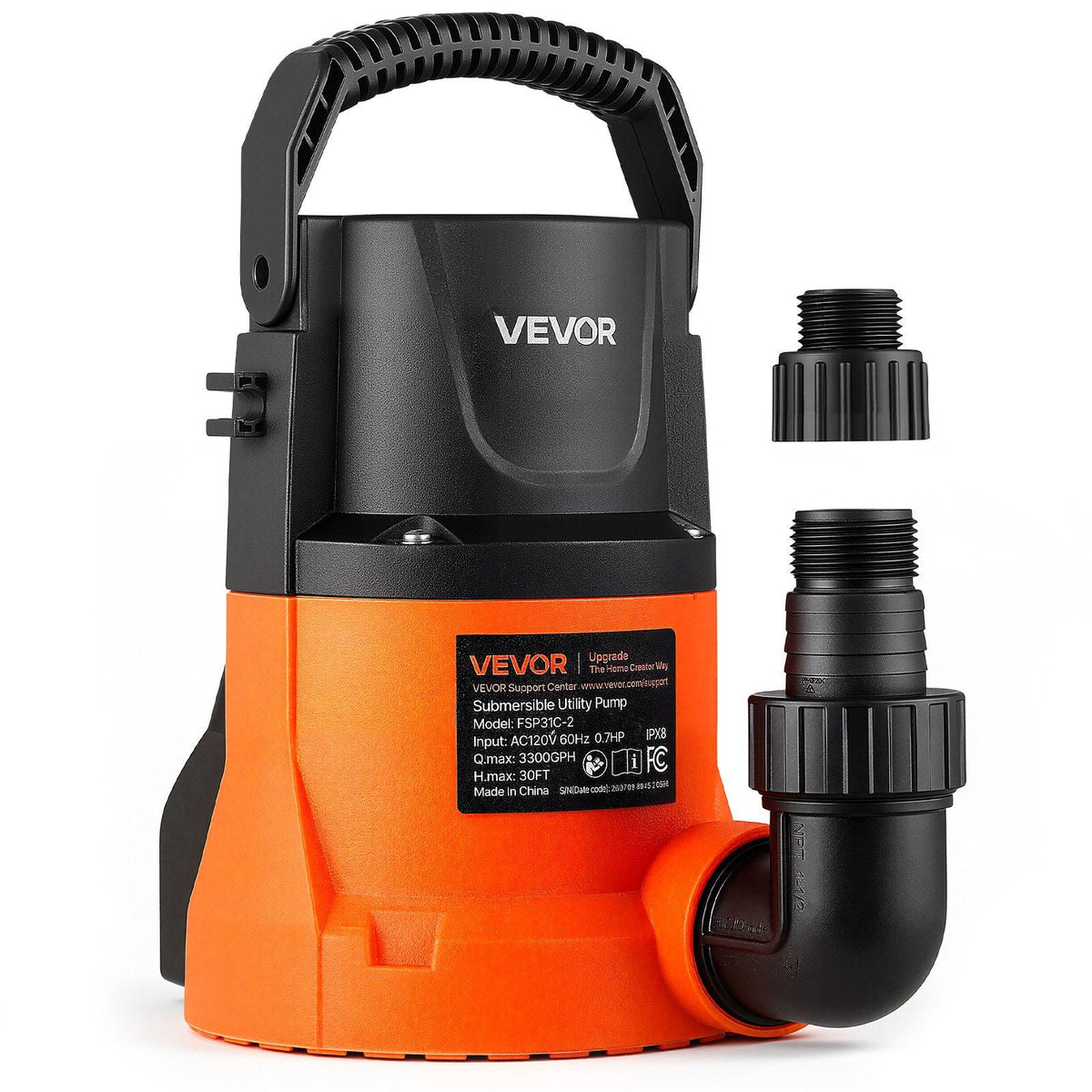 Submersible Water Pump 0.7 HP 3300 GPH Portable Utility Sump Pump, High Flow Water Removal, with 9.84 ft Power Cord, for Swimming Pool Draining Garden Ponds Hot Tubs Basements, IPX8 Waterproof