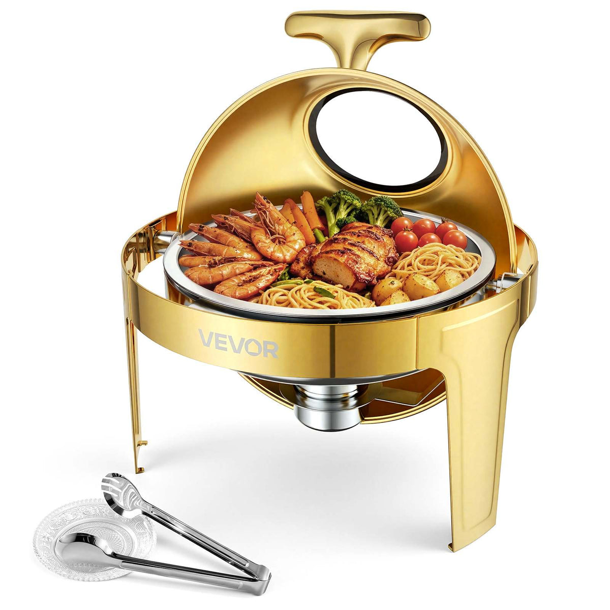 1 Pack Chafing Dish for Buffet Set, 6QT/ 5.7L Stainless Steel Chafer, for Banquet Party Wedding  Catering Event, Round Roll Top Buffet Servers and Warmers, with 1 Pot, Glass Lid, Tong, Glass Pad
