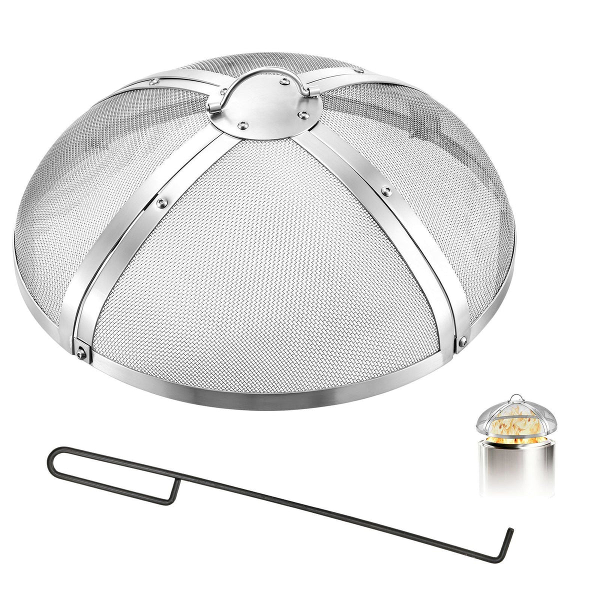 Fire Pit Spark Screen, 19 inch Round, Stainless Steel Mesh Cover Lid, for Outdoor, Patio, Backyard, Camping, Party, with Handle and Poker, High Temperature Tolerant, Help Block Sparks, Silver