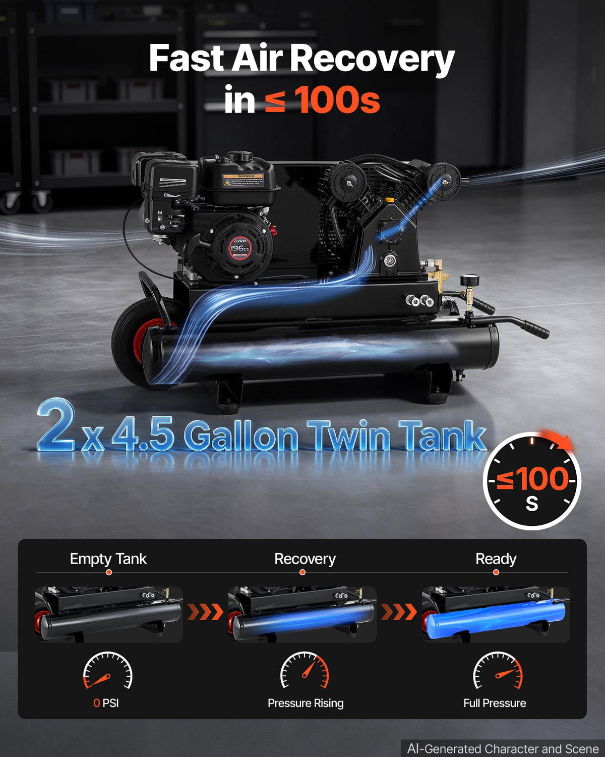 9 Gallon Twin-Tank Gas Powered Air Compressor, 6.5HP 7CFM Air Tank, Gas-Driven Air Compression System with Twin-Cylinder Piston Pump, 115 PSI Max Pressure & Wheel for Workshops (4.5 Gallon x 2)