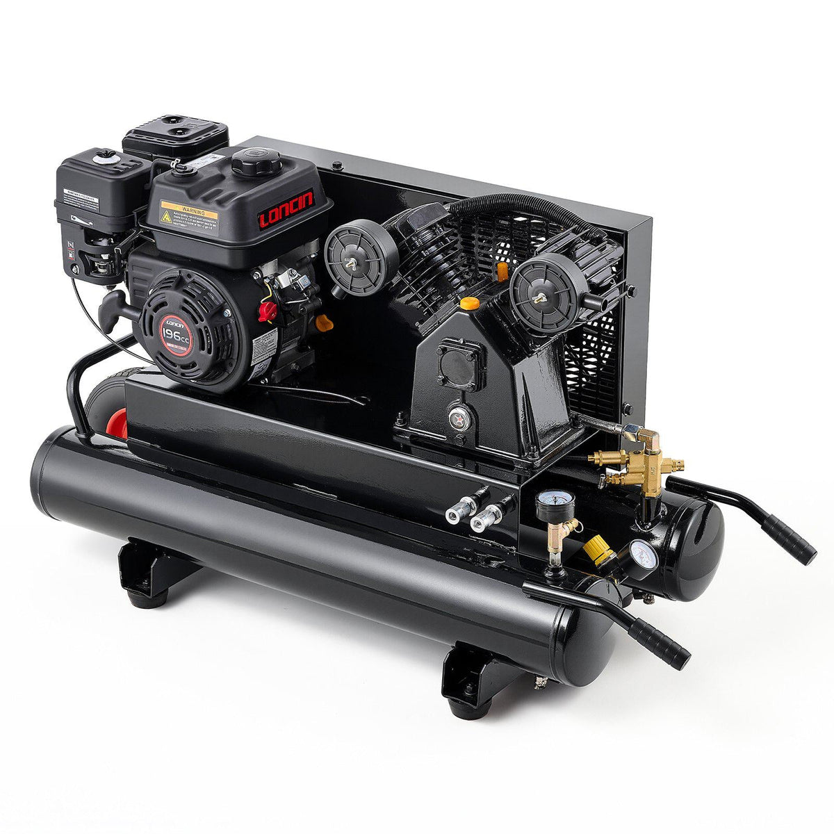 9 Gallon Twin-Tank Gas Powered Air Compressor, 6.5HP 7CFM Air Tank, Gas-Driven Air Compression System with Twin-Cylinder Piston Pump, 115 PSI Max Pressure & Wheel for Workshops (4.5 Gallon x 2)