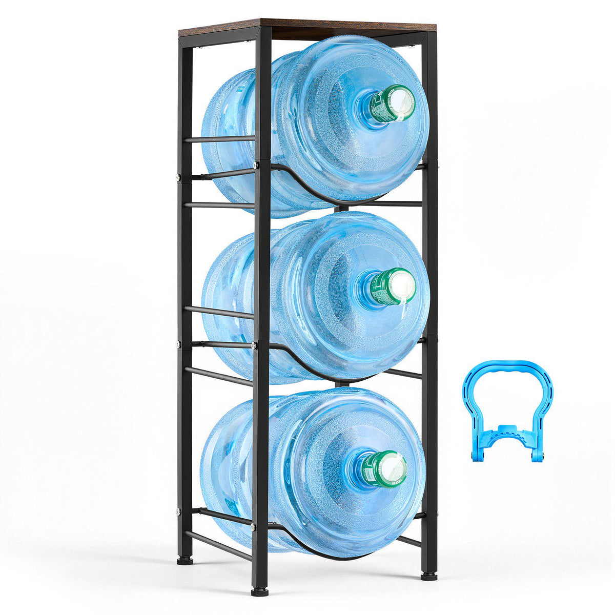 Water Jug Holder, 4 Tiers 3 and 5 Gallon Water Bottle Holder for 3 Bottles, Heavy Duty Jug Rack Organizer with Storage Shelf, Detachable for Kitchen, Office, Living Room, Black and Brown