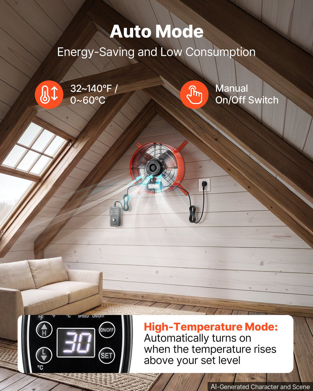 Gable Mount Fan, 15 in Attic Vent Exhaust Fan 1650 CFM Thermostat, Cooling and Ventilation for Home, Garage, Warehouse, Workshop, Carbon Steel Housing with Mounting Brackets & Hardware, Orange
