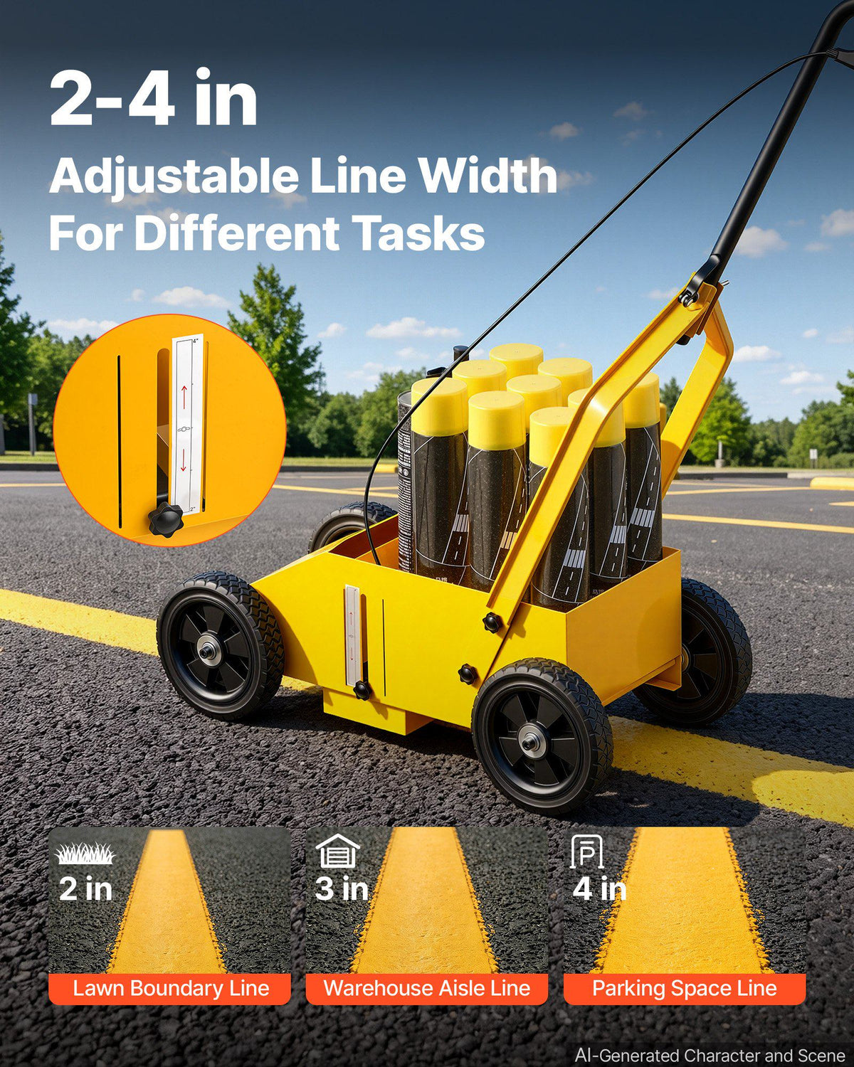 Striping Line Marking Machine 9-Can Capacity Yellow with 4 Wheels, Parking Lot Striping Machine, 2 to 4 in Adjustable Line Width, Heavy Duty, Fast and Accurate Marking, with Adapter Nozzle