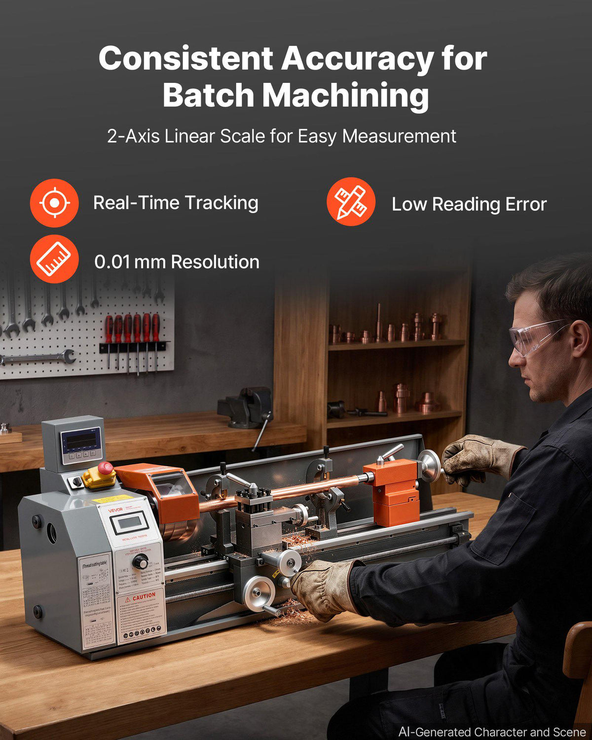 Metal Lathe 10" x 30" 1100W Benchtop Lathe Machine with 2-Axis DRO, for Metalworking Turning, Linear Scale & Digital Readout, Reversible Direction, Variable Speed 3000 RPM Max, with Metal Gears