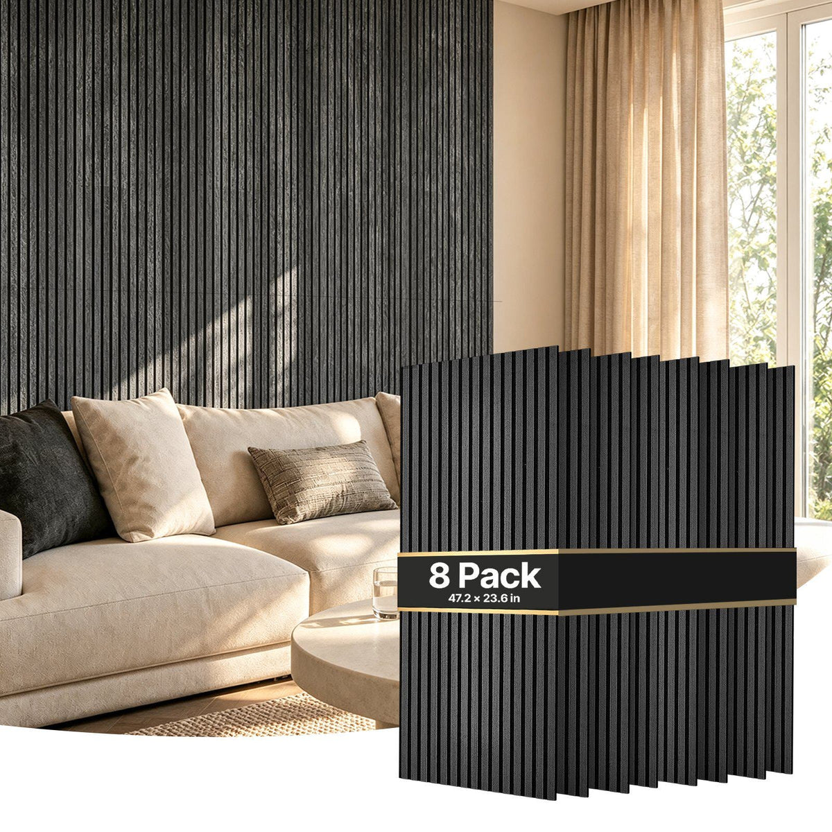 Wood Wall Panels, 47.2 x 23.6 in, Acoustic Slat Panels, Black Gray, Sound Absorbing for Living Rooms, Bedrooms, Offices, and Studios, Interior Wall Decor, PET Construction, Screw Kit, 8-Pack