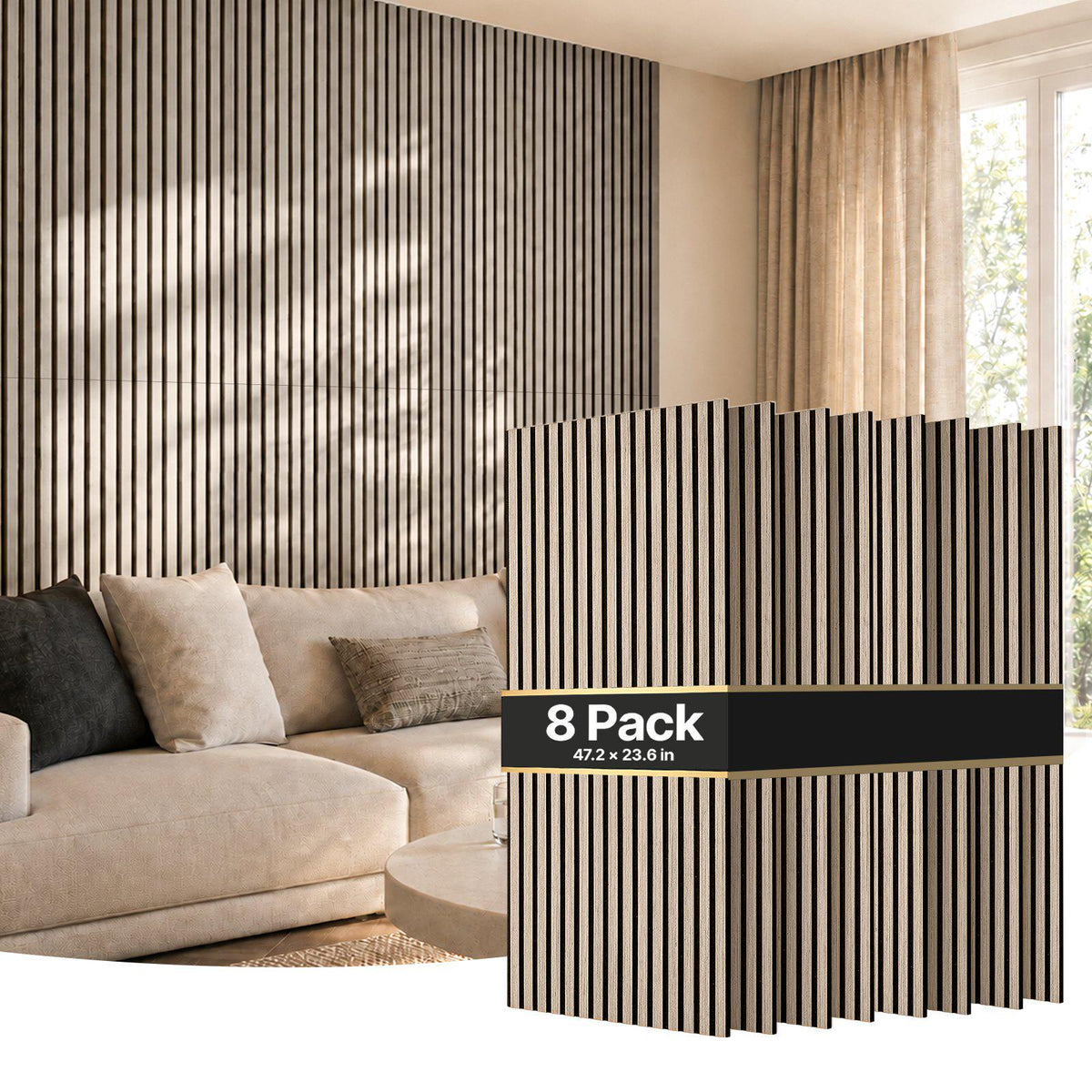 Wood Wall Panels, 47.2 x 23.6 inches, Walnut Acoustic Slat Panels, Sound Absorbing for Living Rooms, Bedrooms, Offices, and Studios, Interior Wall Decor, PET Construction, Screw Kit, 8-Pack