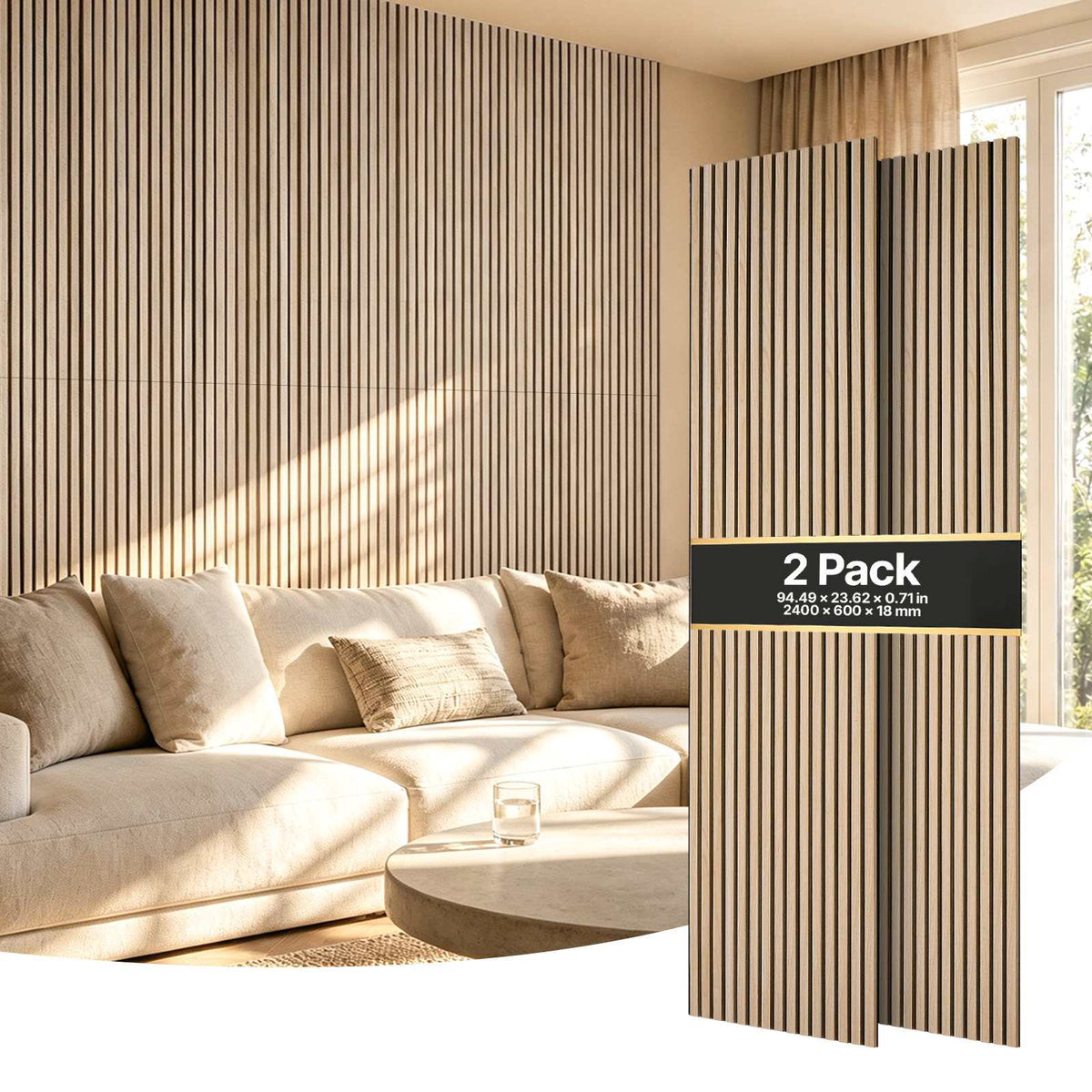 Wood Wall Panels, 94.5 x 23.6 in, Acoustic Slat Panels, Oak Finish, Sound Absorbing for Living Rooms, Bedrooms, Offices, Studios, Interior Wall Decor, MDF & PET Construction, Screw Kit, 2-Pack