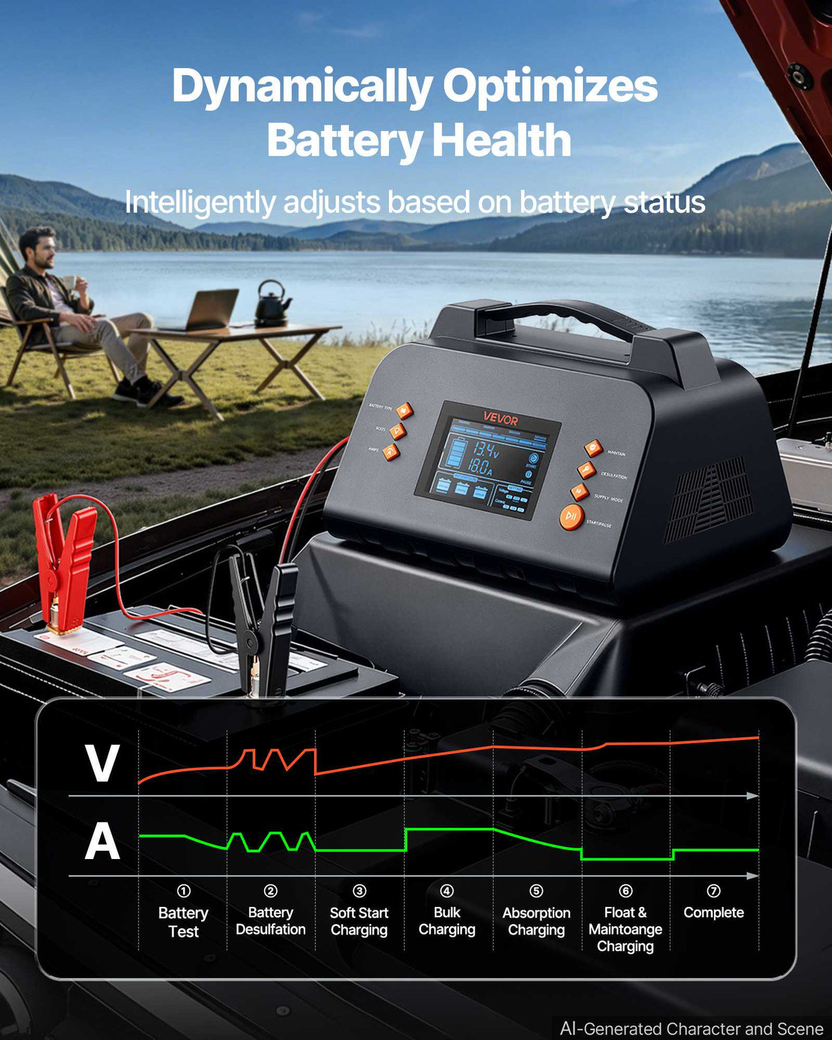 Smart Battery Charger 20A 6V 12V 24V for Lithium LiFePO4 Lead-Acid, Compatible with Car Lawn Mower ATV Compact RV, Trickle Charging Maintainer Desulfator, Charger with 3.8 Inch LCD Display