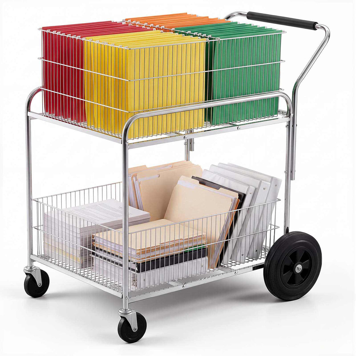 Rolling File Cart 2-Tier Mobile Wire Mail Cart with Lockable Wheels, for Office Records Room, Heavy-Duty File Folder Organizer Utility Wagon, with 264.55 lbs / 120 kg Load, 37.6 x 22.4 x 38 in