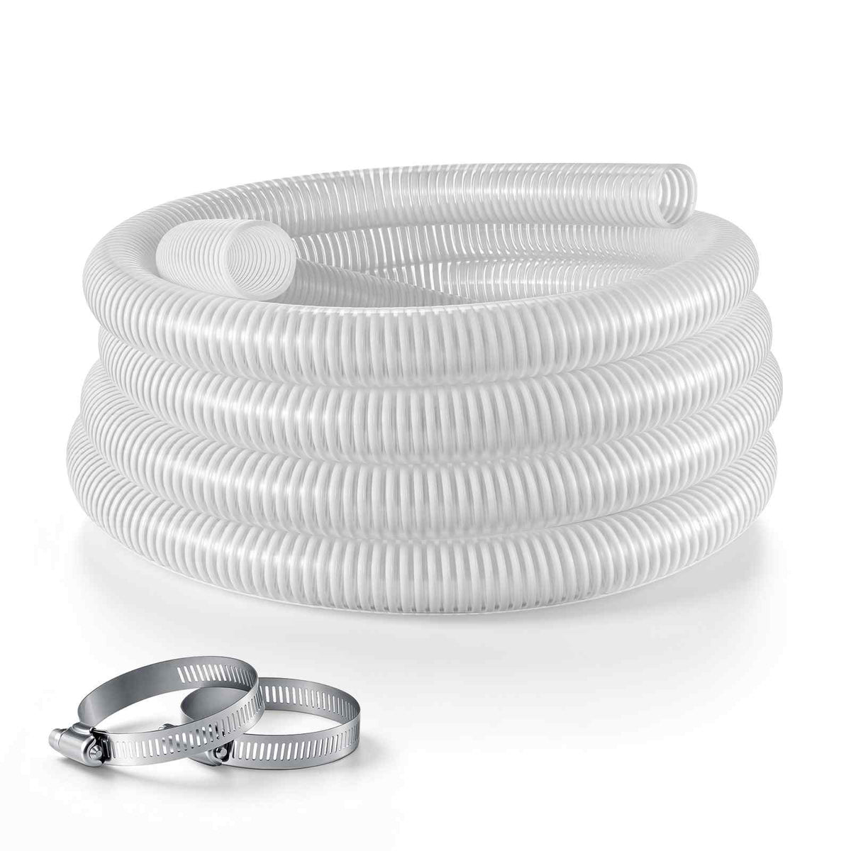 Suction Hose 2" x 25 ft Heavy Duty PVC Suction Pump Hose Assembly, for Swimming Pools Trash Pump, Water Transfer, High Pressure Resistance, Weather-Proof & Burst-Resistant, with Clamps, White