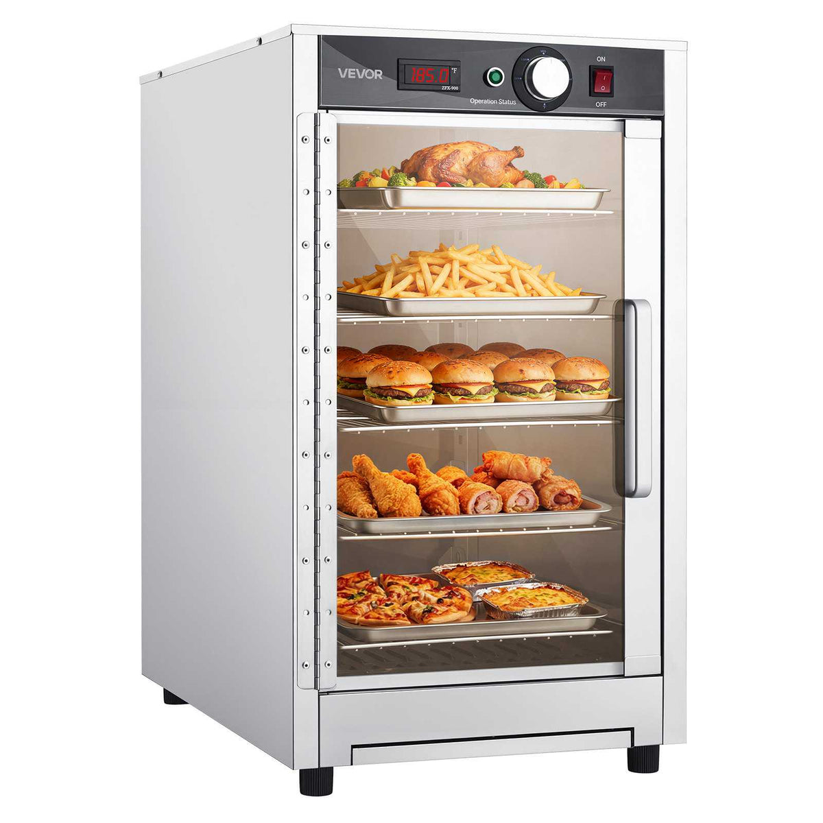 Electric Hot Box Food Warmer, 5-Tier Commercial Warming Cabinet with Water Tray, Glass Door and Adjustable Shelves, Stainless Steel Food Warmer Cabinet, for Restaurant, Kitchen, Pizza, Chicken