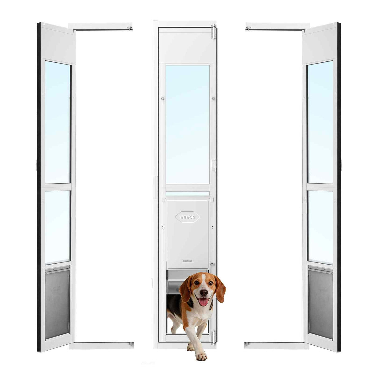 Dog Door for Sliding Glass Door, 75 7/8" to 80 11/16" Adjustable Height, Aluminum Alloy Frame with Flap, Lock Design, for Large-Sized Dogs, 180° Swing-Open Sliding Glass Pet Doors
