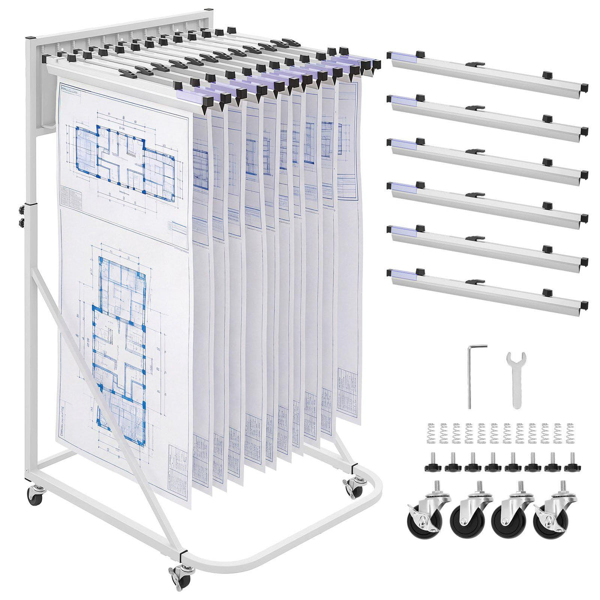 Blueprint Storage Rack, Steel, Mobile Adjustable Blueprint Holder with 6 Pack of 24 Inch Aluminum Clamps, 4 Wheels, Display Rack Storage Organizer Stand, for File Display Plan Poster Office Home
