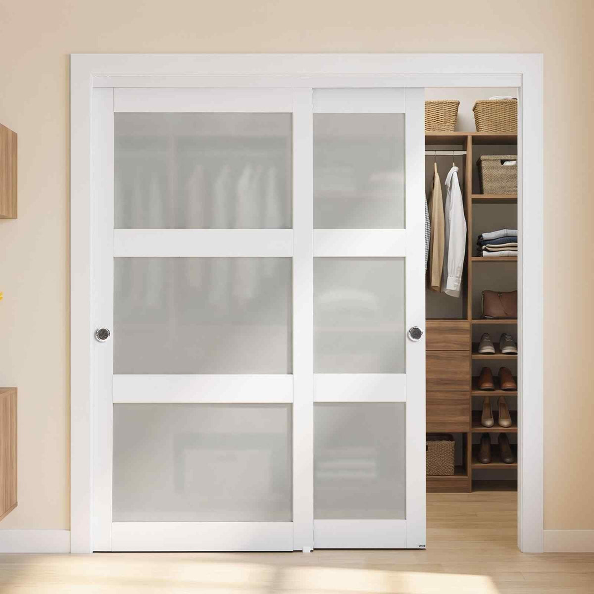 Sliding Closet Doors, 72" (Double 37") x 80", 3-Lite Frosted Glass Bypass Sliding Doors with Hardware Track Kit & Floor Guide, Modern Stylish & Space-Saving for Closets Bedrooms Wardrobes