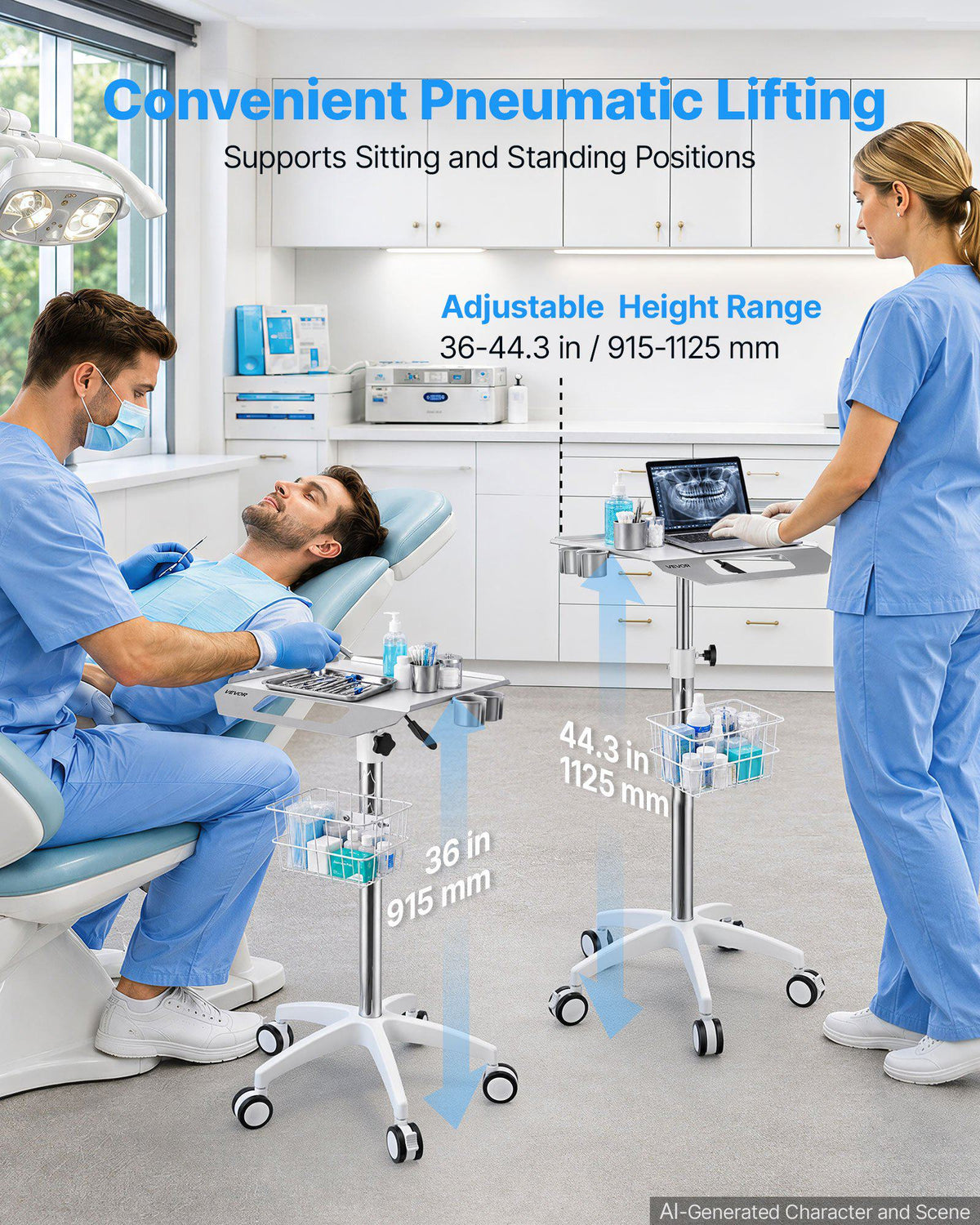 Medical Cart 66.14 lbs Max Load Height Adjustable with Storage Basket, for Clinic, Hospital, Laboratory, Pneumatic Lift, Stable Support, Medical Trolley Cart with a Basket, 360° Swivel Wheels