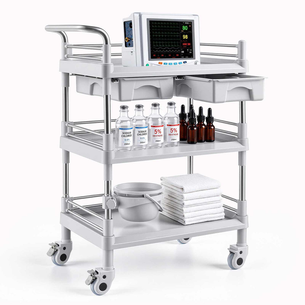Medical Cart Three-Tier Medical Trolley Cart with 2 Drawers 110.23lbs, for Clinic, Hospital, Beauty Salon, Lab, with a Waste Tray, Stable Support, Medical Trolley Cart with Casters and Handle