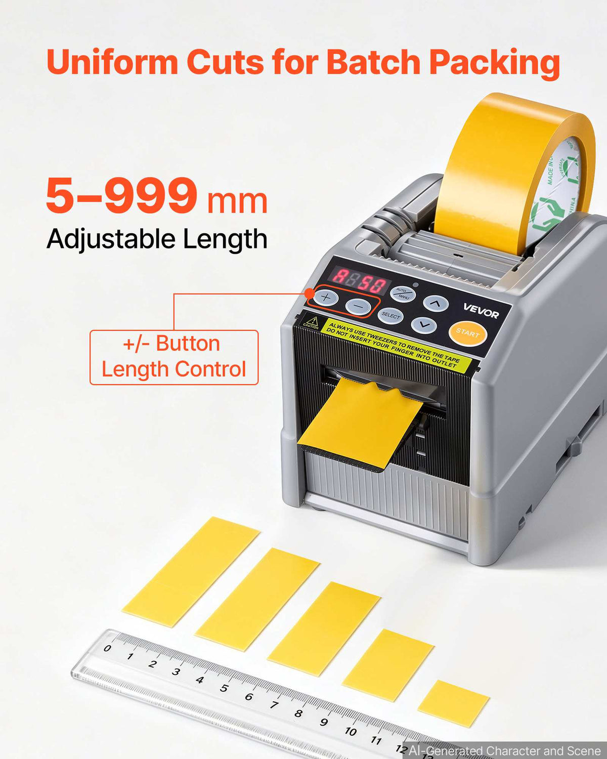 Automatic Tape Dispenser 999mm Max Cut Length Electric Ribbon Cutter, 110V Electric Automatic Tape Cutter, Dual-Tape Capability, Fits 6–60mm Width Tape for Shipping, Packaging & Gift Wrapping