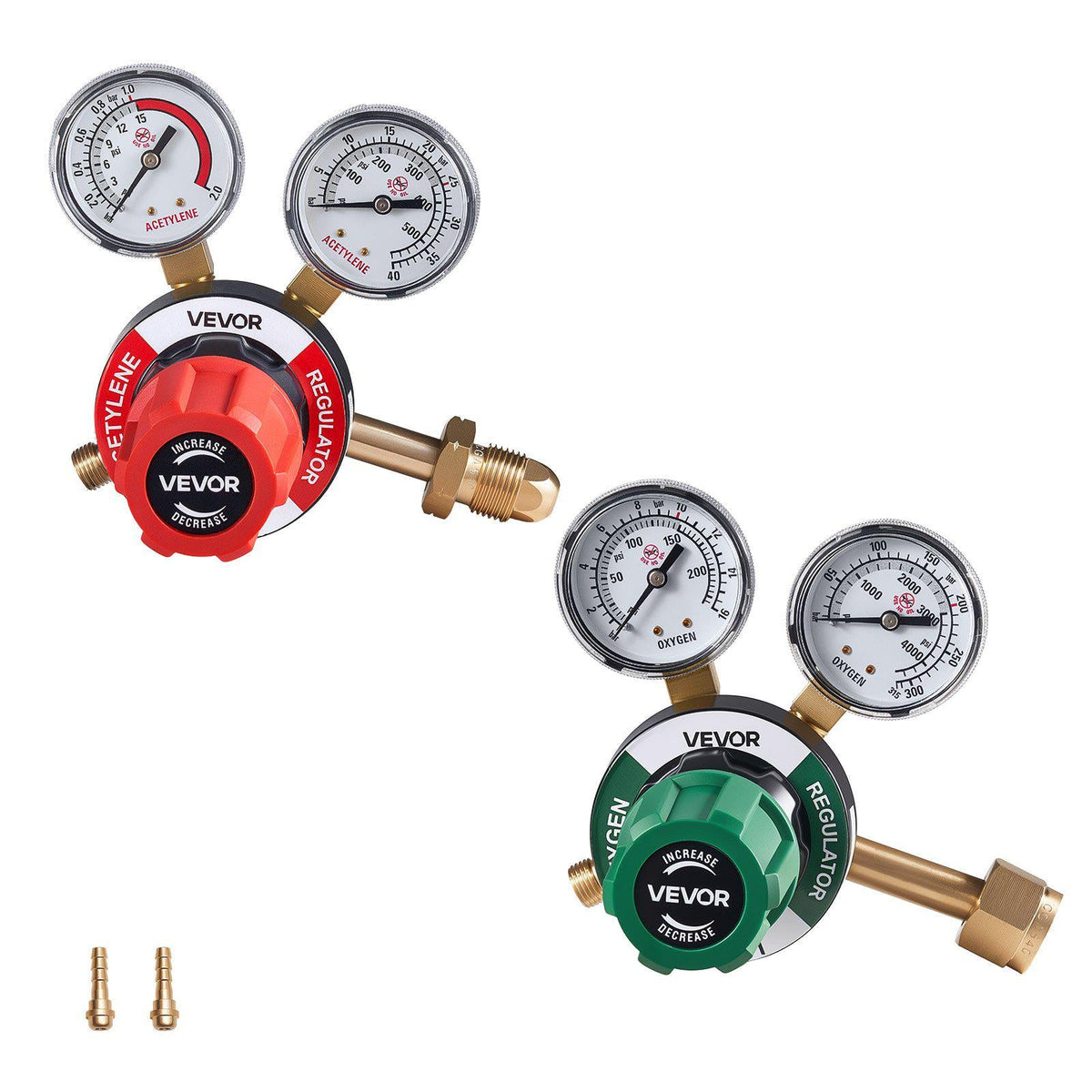 Oxygen Acetylene Regulator Set, Oxy-Acetylene Regulators, 0-4000PSI and 0-500PSI Welding Gas Gauges with CGA-540/CGA-510 Inlet Connection & 9/16"-18 Outlet Connection, PC Knob Adjustment