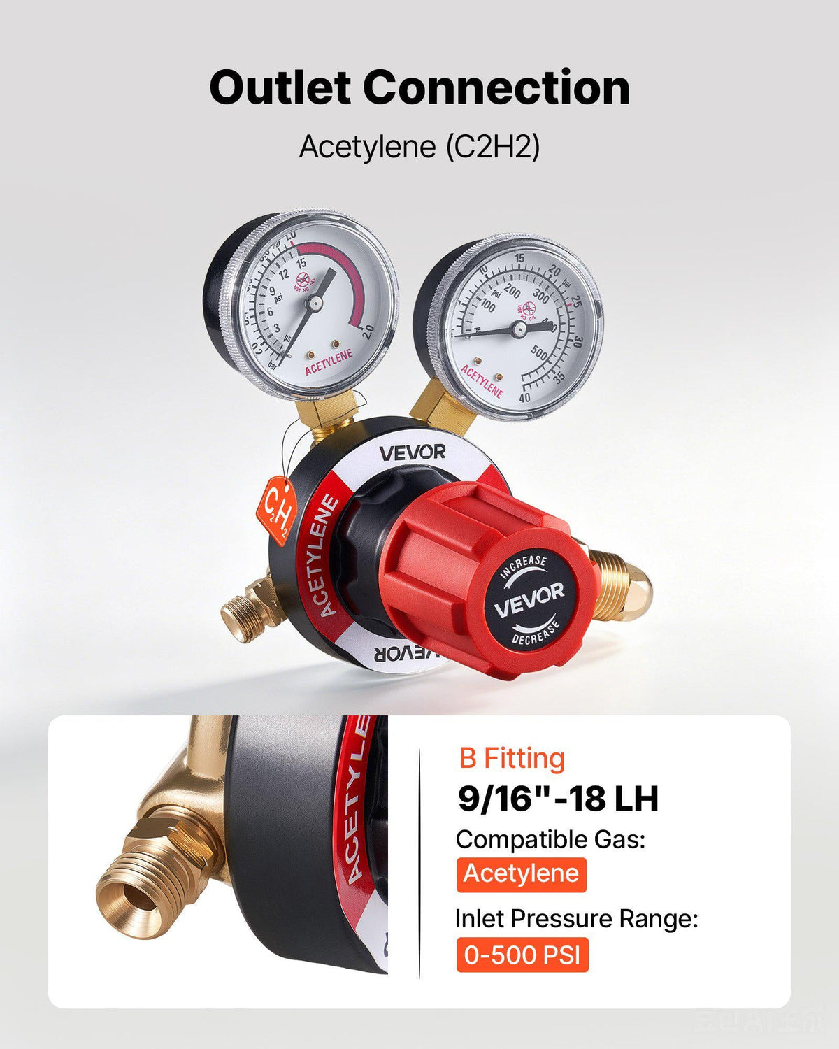 Acetylene Regulator, Precise Acetylene Regulator, 0-500PSI Welding Gas Gauge with CGA-510 Inlet Connection & 9/16"-18 LH Outlet Connection, PC Knob Adjustment