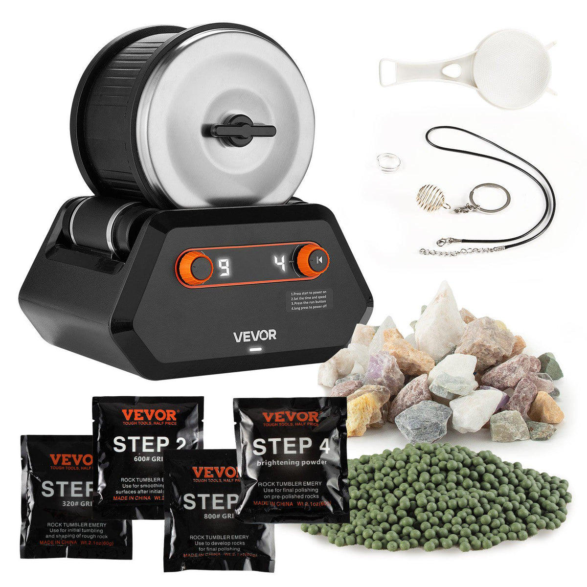 Rock Tumbler Kit 3 lbs with 9-Day Polishing Timer Rock Polishing Kit, for Adults Beginners and Hobbyists, 4 Speed Settings, Stone Polishing Kit with Polisher, Rough Gemstones and Polishing Grits