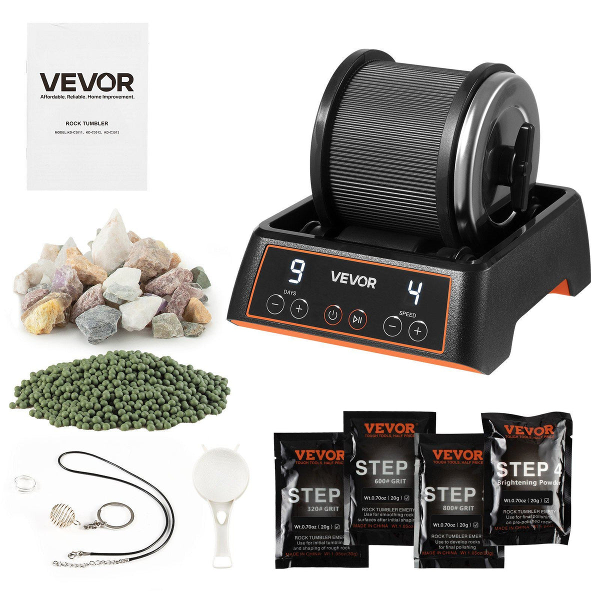 Rock Tumbler Kit 1 lb Rock Polishing Machine Rocks Tumbling Kit, for Rose Quartz, Amethyst, 1-9 Day Timer, with 4-Speed Adjustment, Direct Drive Motor Rocks Polishing Kit, Quiet Operation