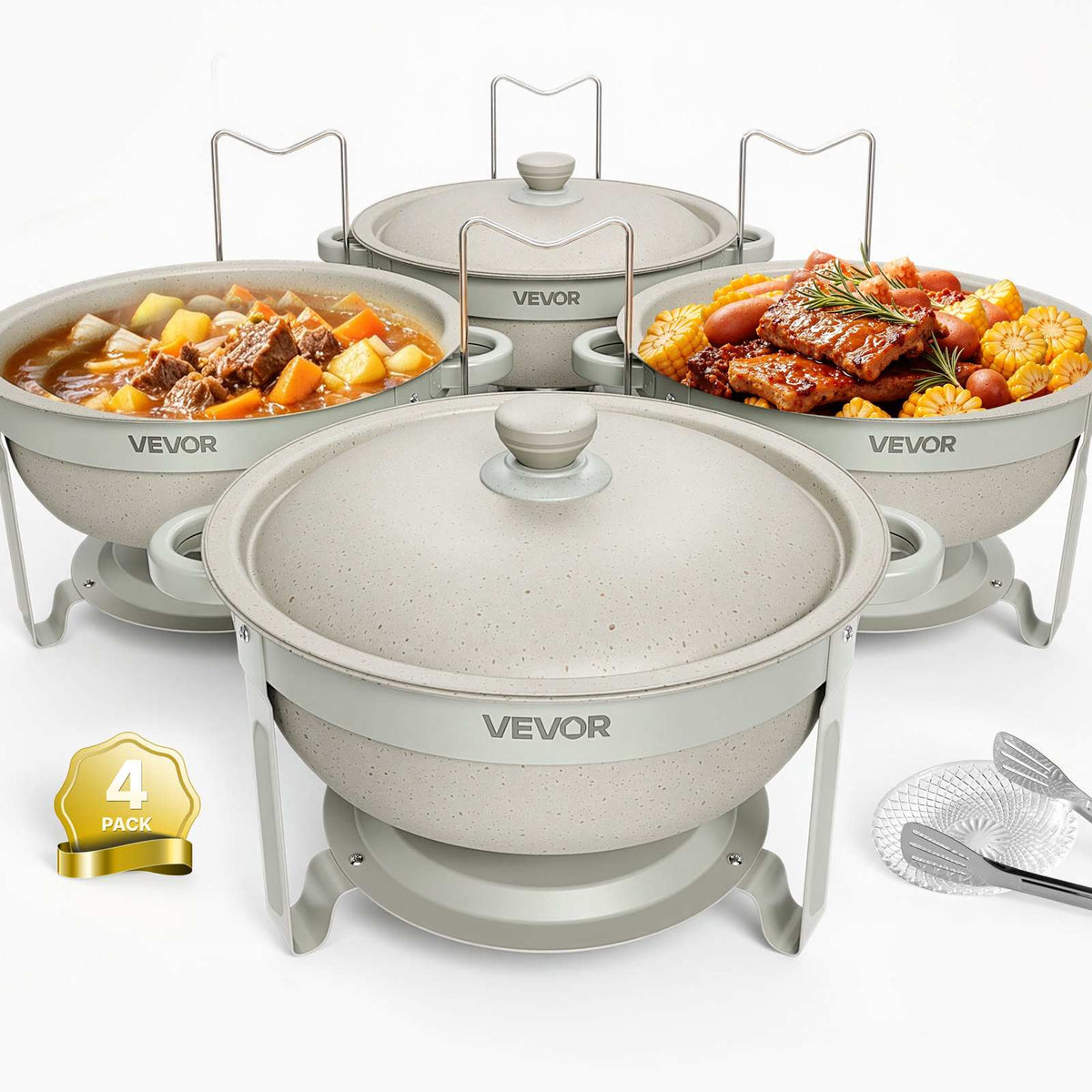 4 Packs Chafing Dishes for Buffet Set, 6QT Stainless Steel Chafer, for Banquet Party Wedding Catering Events, Maifanite-Coated, Round Buffet Server Warmer, 4 Pots, Fuel Holder, Tong, Glass Pad