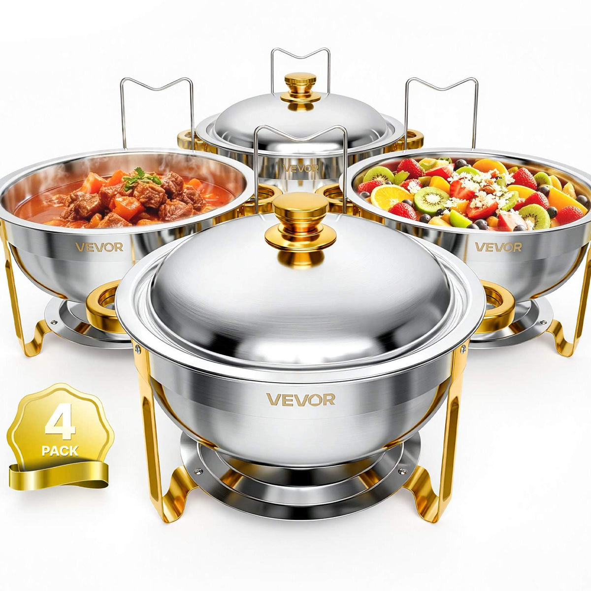 4 Packs Chafing Dishes for Buffet Set, 6QT Stainless Steel Chafer, for Banquet Party Wedding Catering Events, Round Stackable Buffet Servers and Warmers, with 4 Pots and Fuel Holder